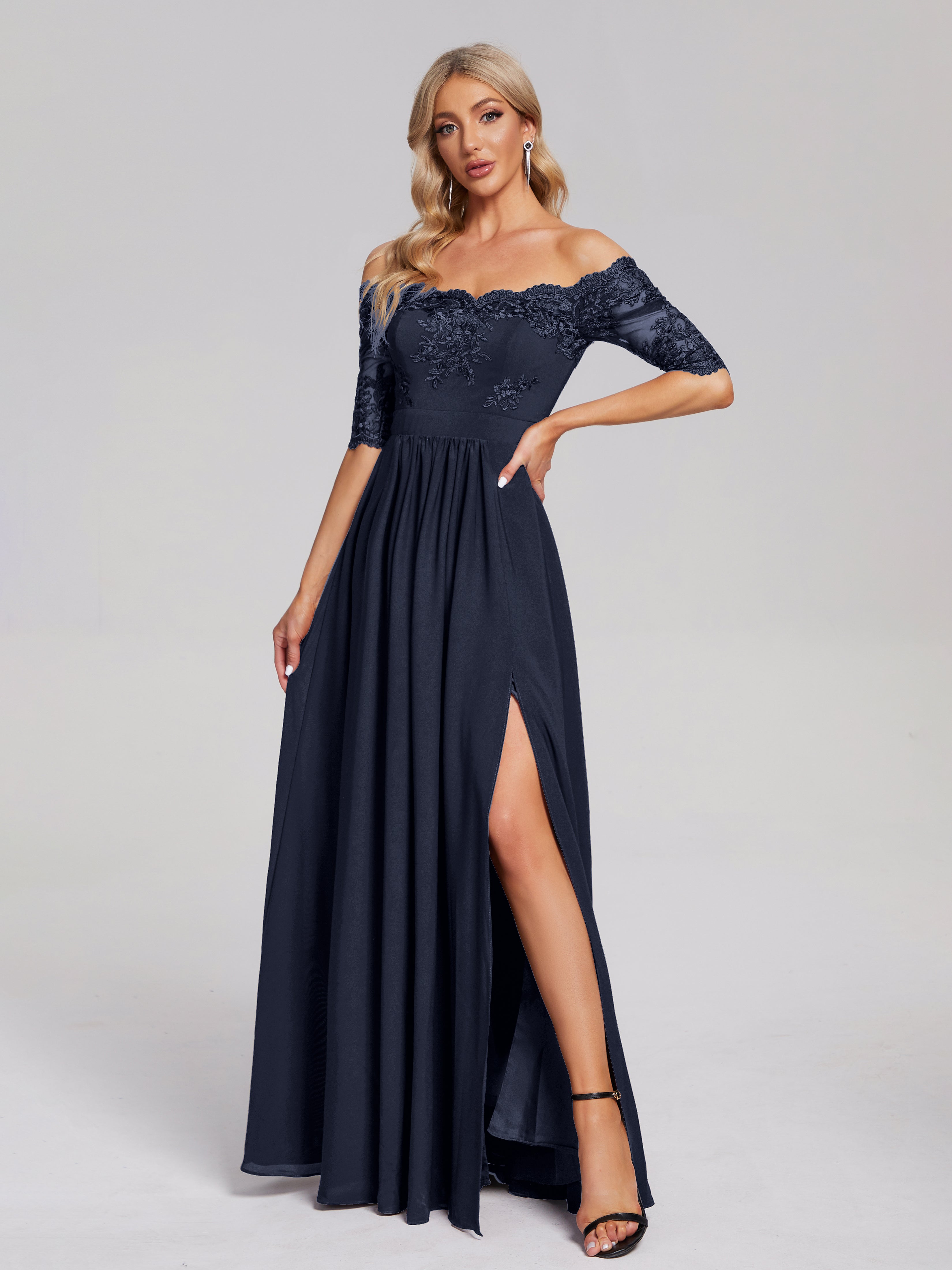 Robes De Demoiselle D'Honneur Bleu Marine Hors-La-Épaule Demi Manches Dentelle/Mousseline Robes Demoiselle D'Honneur