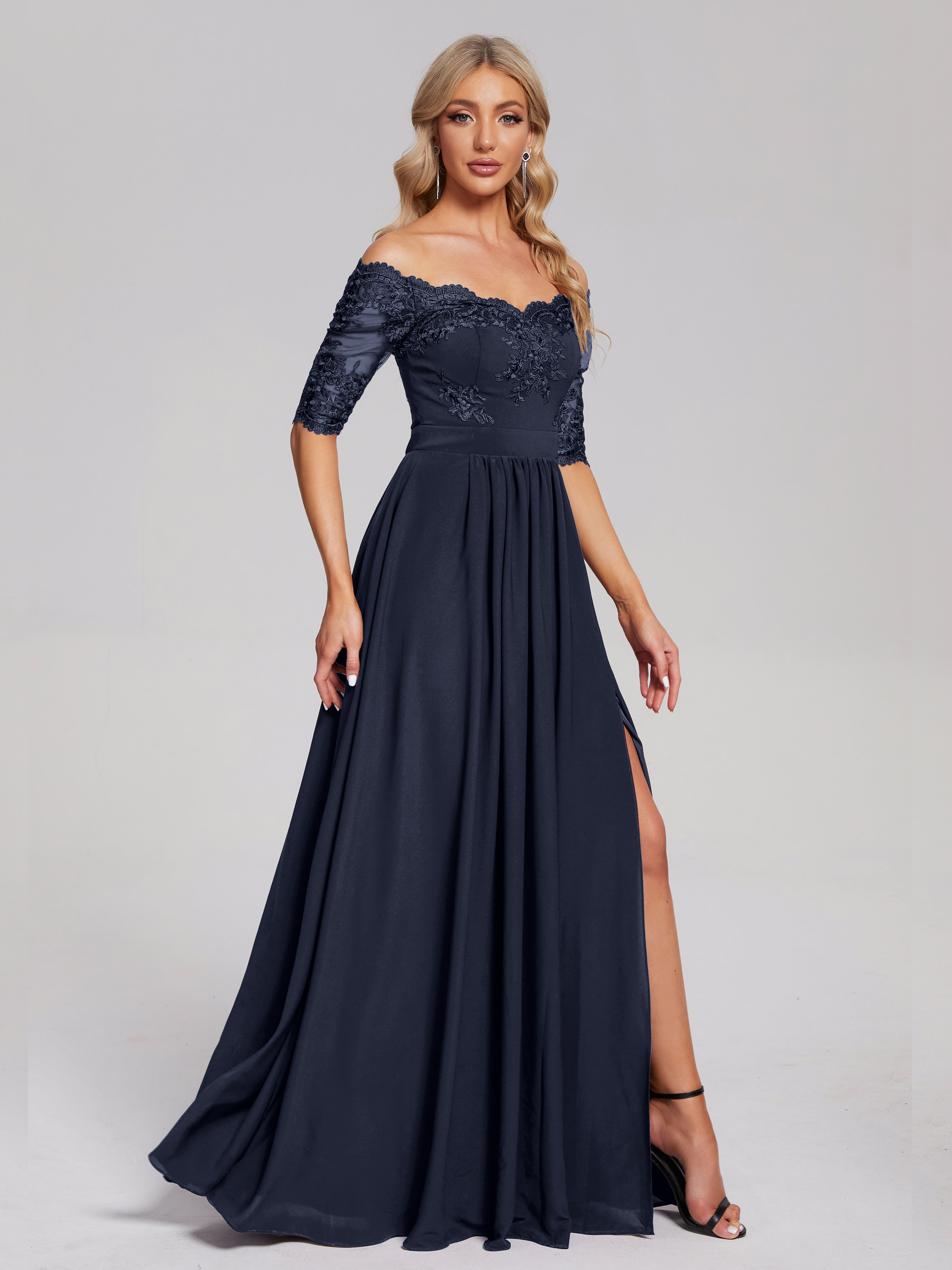 Robes De Demoiselle D'Honneur Bleu Marine Hors-La-Épaule Demi Manches Dentelle/Mousseline Robes Demoiselle D'Honneur