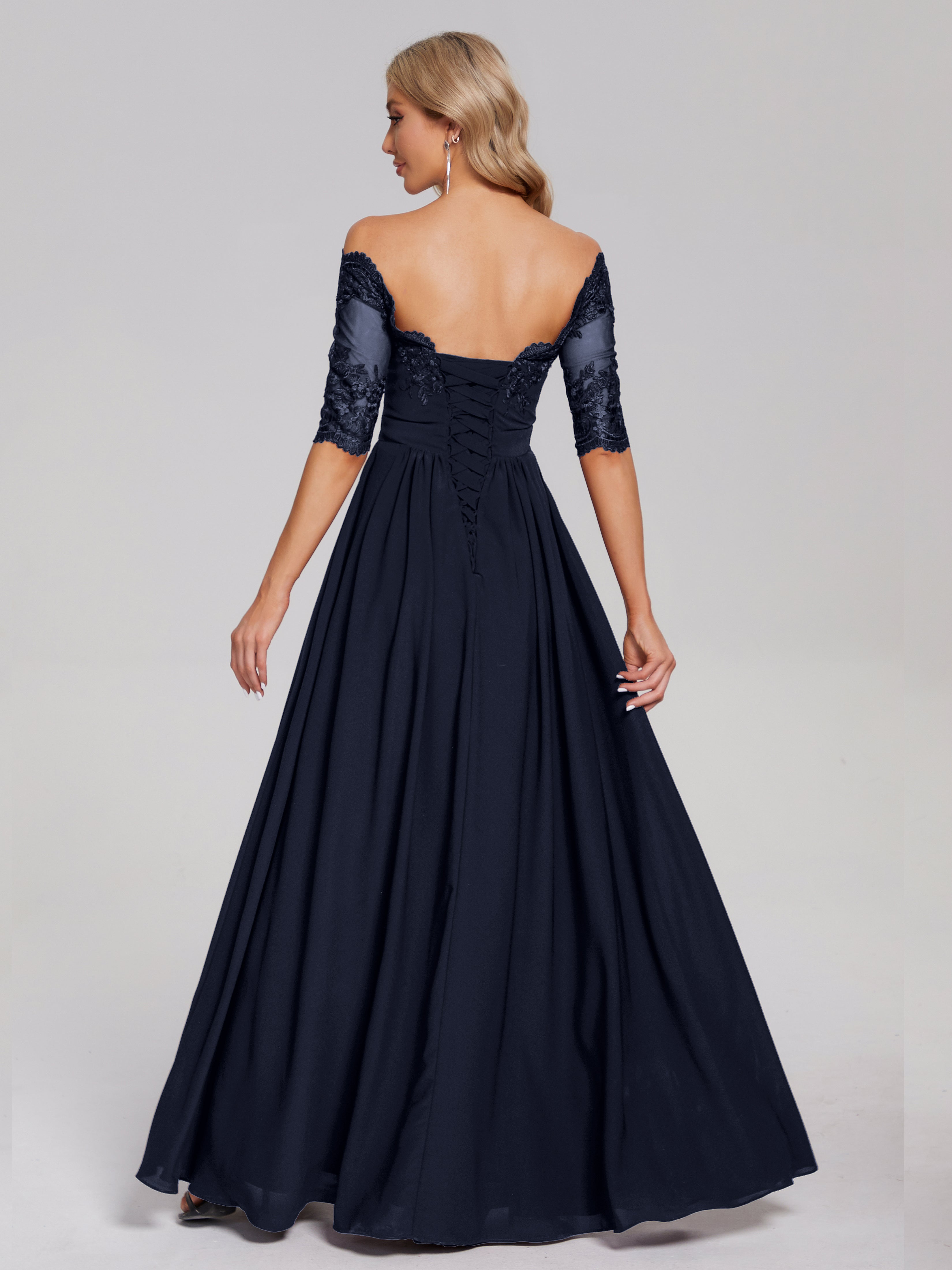 Robes De Demoiselle D'Honneur Bleu Marine Hors-La-Épaule Demi Manches Dentelle/Mousseline Robes Demoiselle D'Honneur