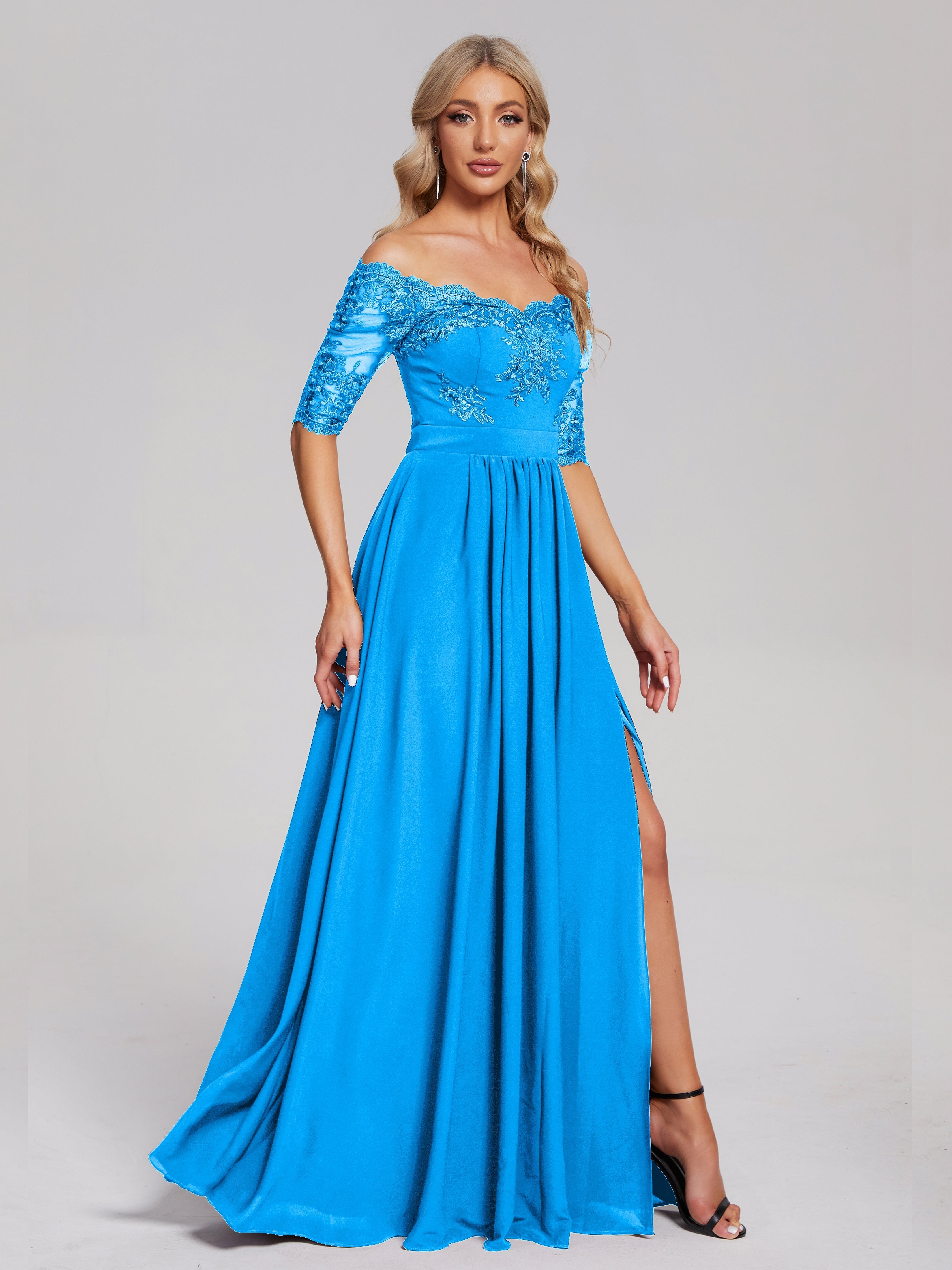 Robes De Demoiselle D'Honneur Bleu Océan Hors-La-Épaule Demi Manches Dentelle/Mousseline Robes Demoiselle D'Honneur