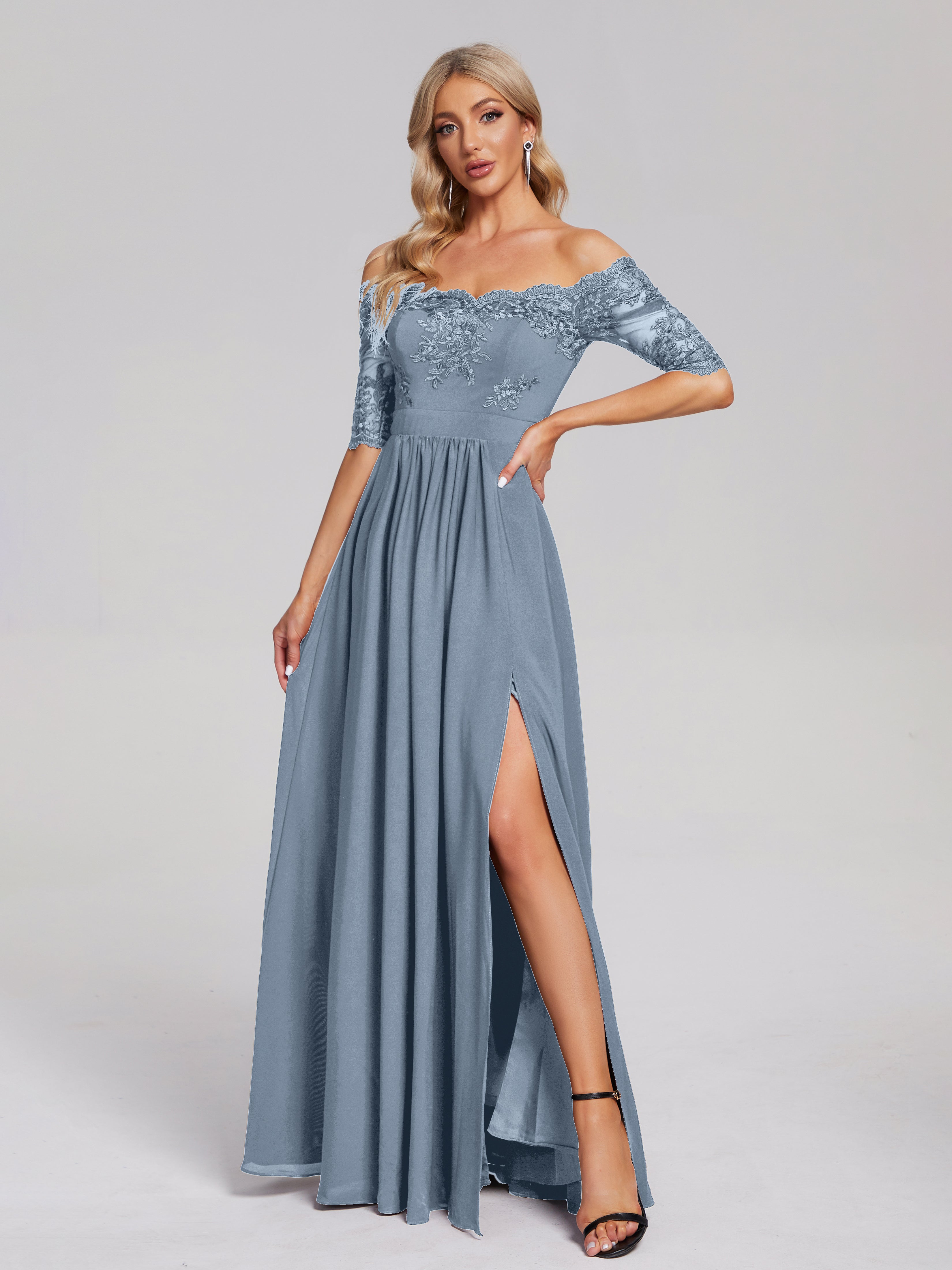 Robes De Demoiselle D'Honneur Bleu Poussiéreux Hors-La-Épaule Demi Manches Dentelle/Mousseline Robes Demoiselle D'Honneur