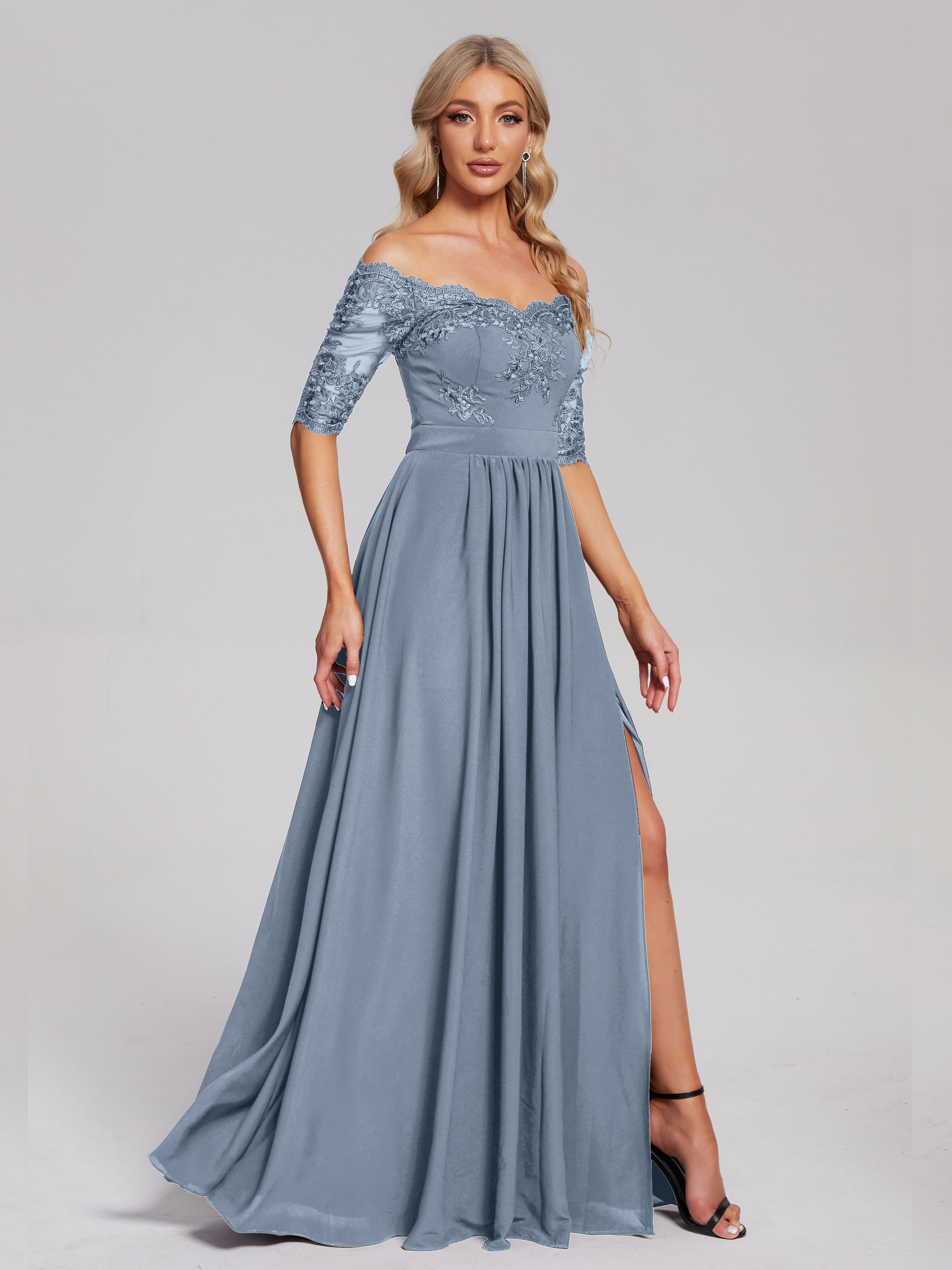 Robes De Demoiselle D'Honneur Bleu Poussiéreux Hors-La-Épaule Demi Manches Dentelle/Mousseline Robes Demoiselle D'Honneur