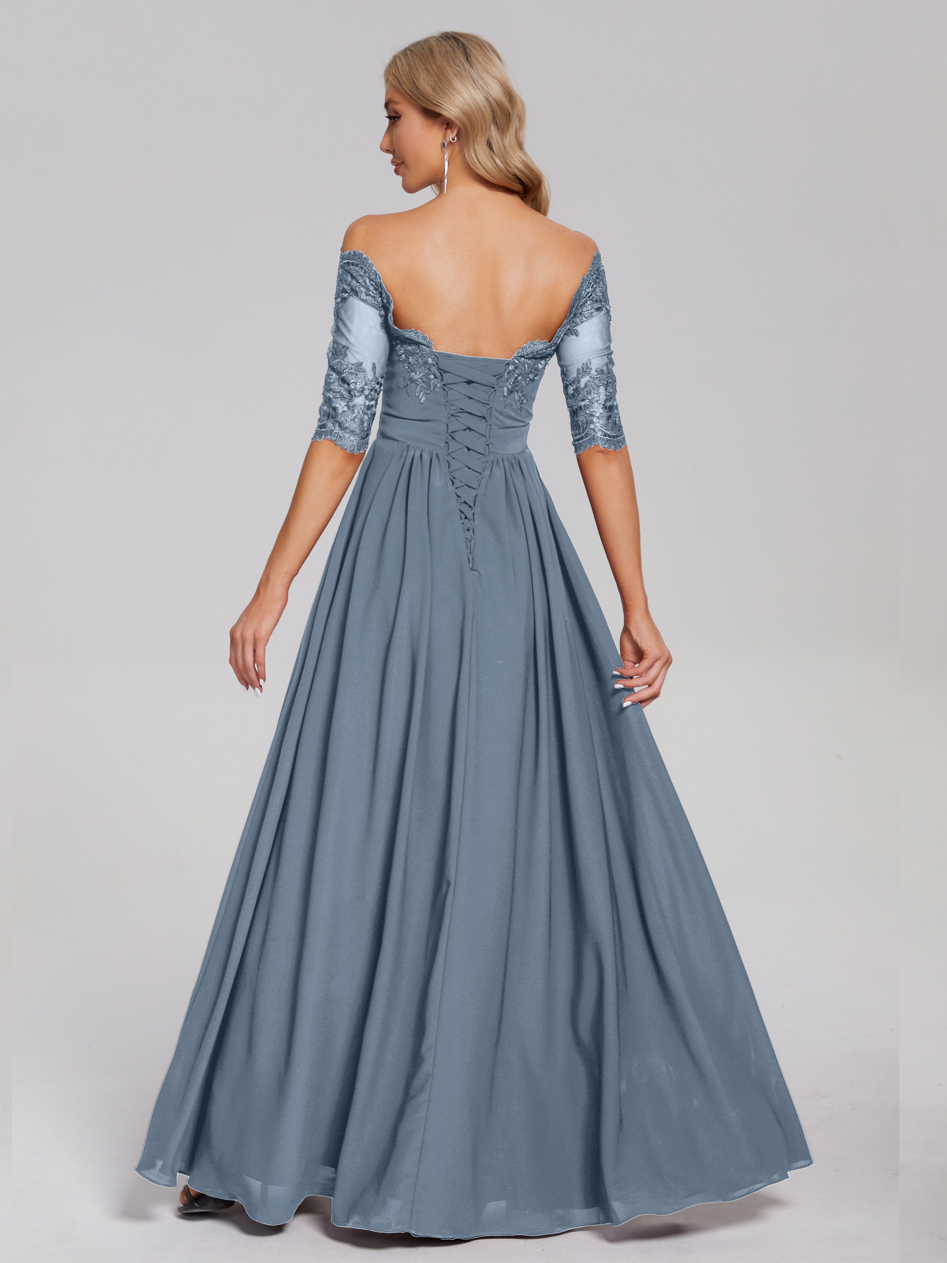 Robes De Demoiselle D'Honneur Bleu Poussiéreux Hors-La-Épaule Demi Manches Dentelle/Mousseline Robes Demoiselle D'Honneur