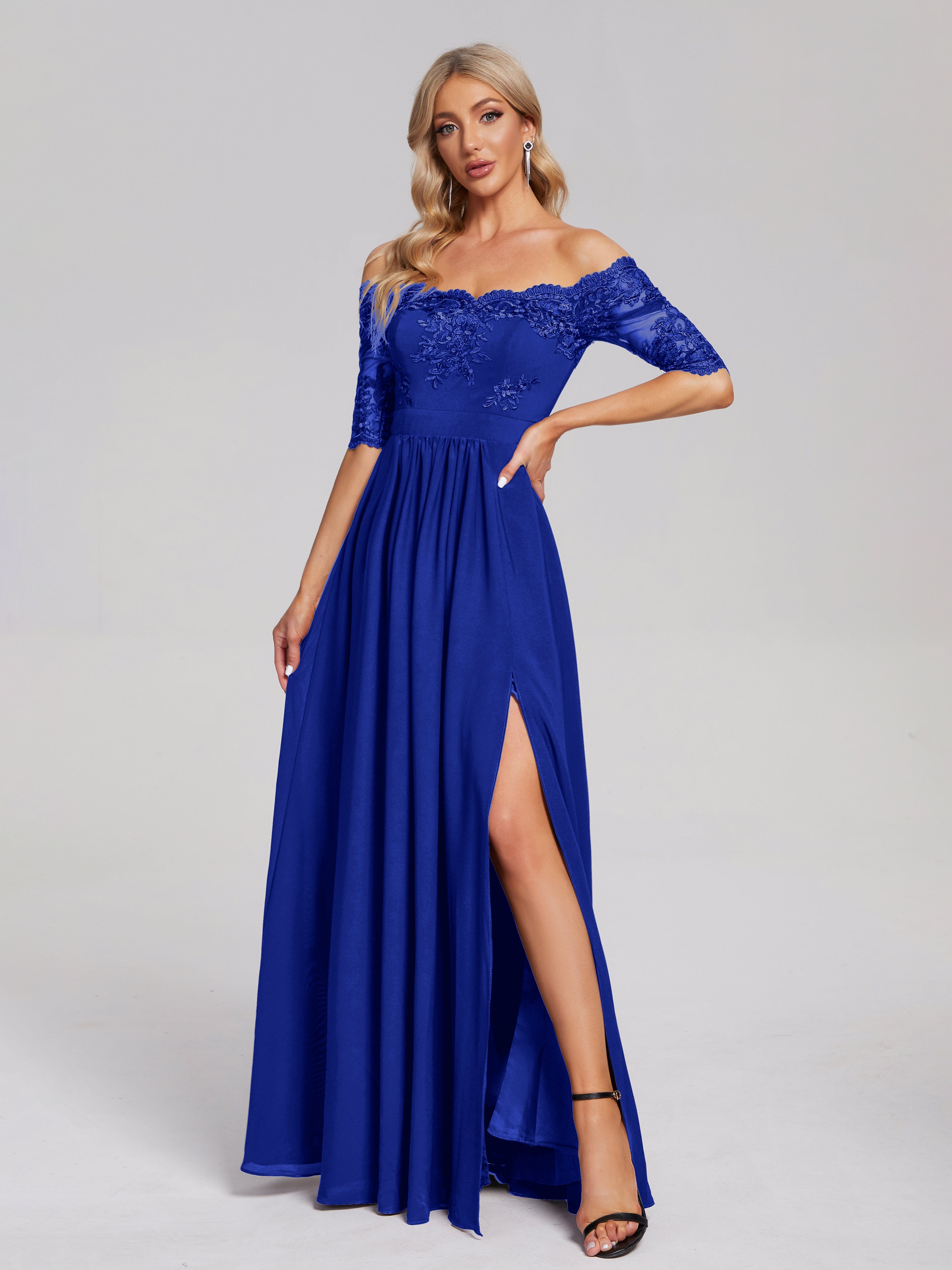 Robes De Demoiselle D'Honneur Bleu Royal Longues Hors-La-Épaule Demi Manches Dentelle/Mousseline Robes Demoiselle D'Honneur