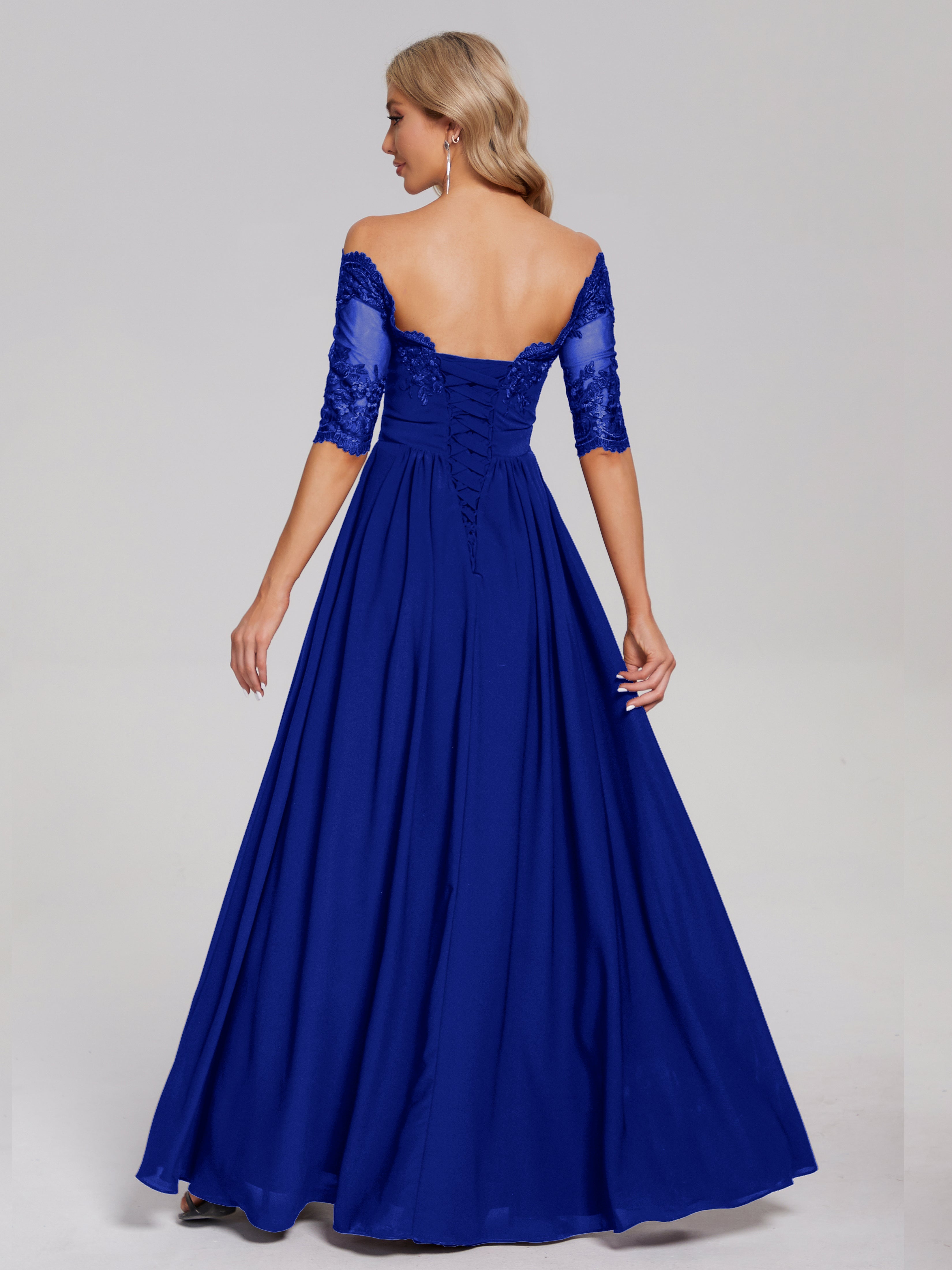 Robes De Demoiselle D'Honneur Bleu Royal Longues Hors-La-Épaule Demi Manches Dentelle/Mousseline Robes Demoiselle D'Honneur