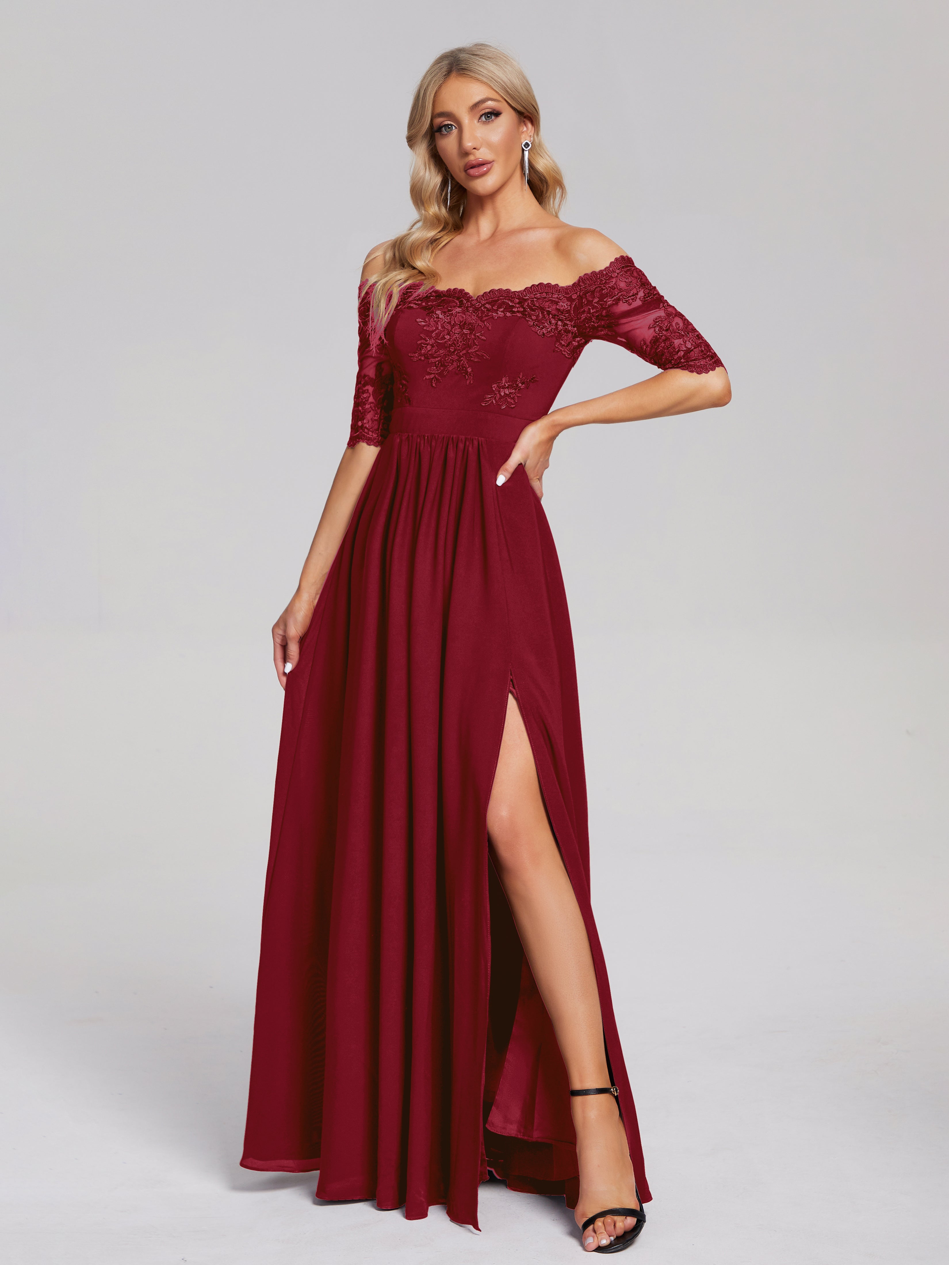 Robes De Demoiselle D'Honneur Couleur Bordeaux Hors-La-Épaule Demi Manches Dentelle/Mousseline Robes Demoiselle D'Honneur