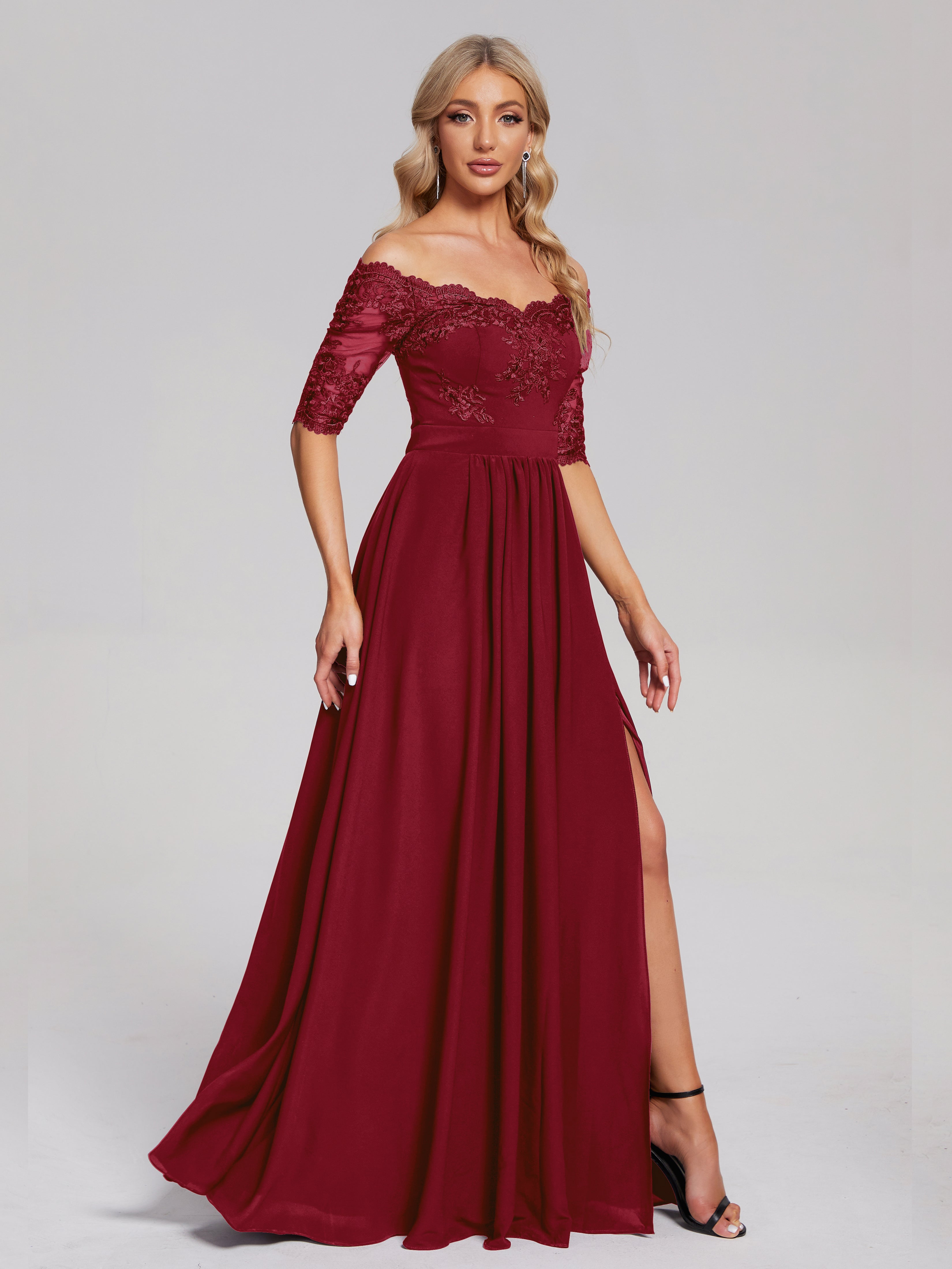 Robes De Demoiselle D'Honneur Couleur Bordeaux Hors-La-Épaule Demi Manches Dentelle/Mousseline Robes Demoiselle D'Honneur