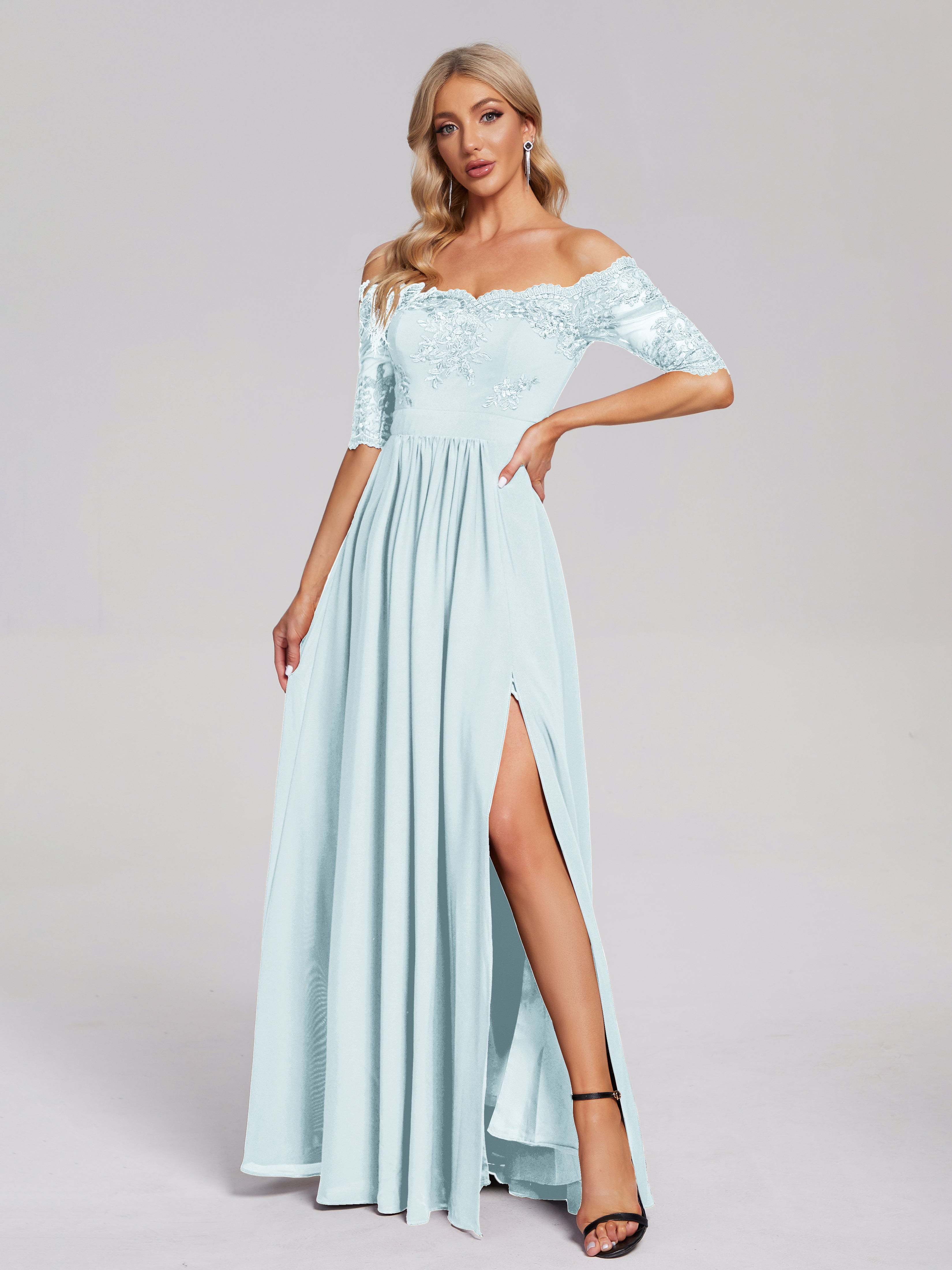 Robe De Demoiselle D'Honneur Brume Hors-La-Épaule Demi Manches Dentelle/Mousseline Robes Demoiselle D'Honneur