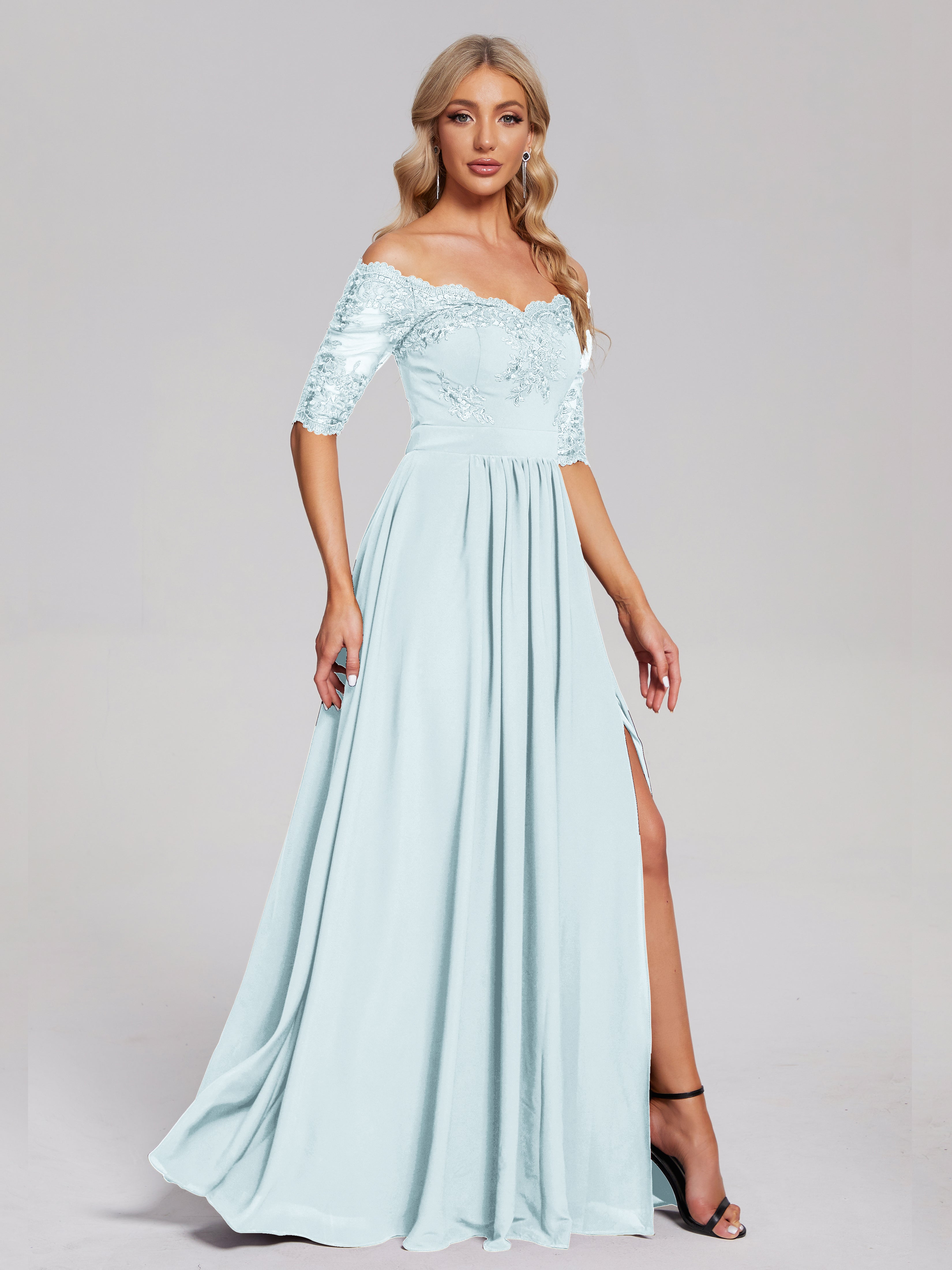 Robe De Demoiselle D'Honneur Brume Hors-La-Épaule Demi Manches Dentelle/Mousseline Robes Demoiselle D'Honneur