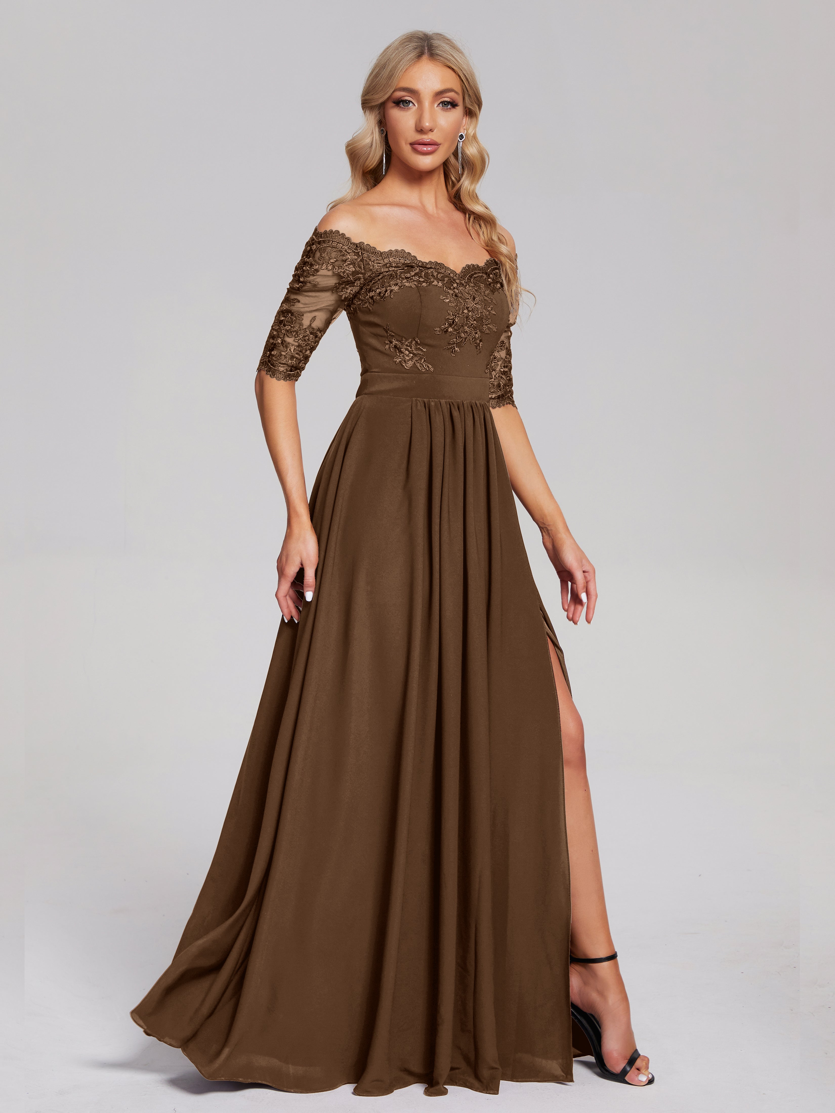 Robes De Demoiselle D'Honneur Brun Hors-La-Épaule Demi Manches Dentelle/Mousseline Robes Demoiselle D'Honneur