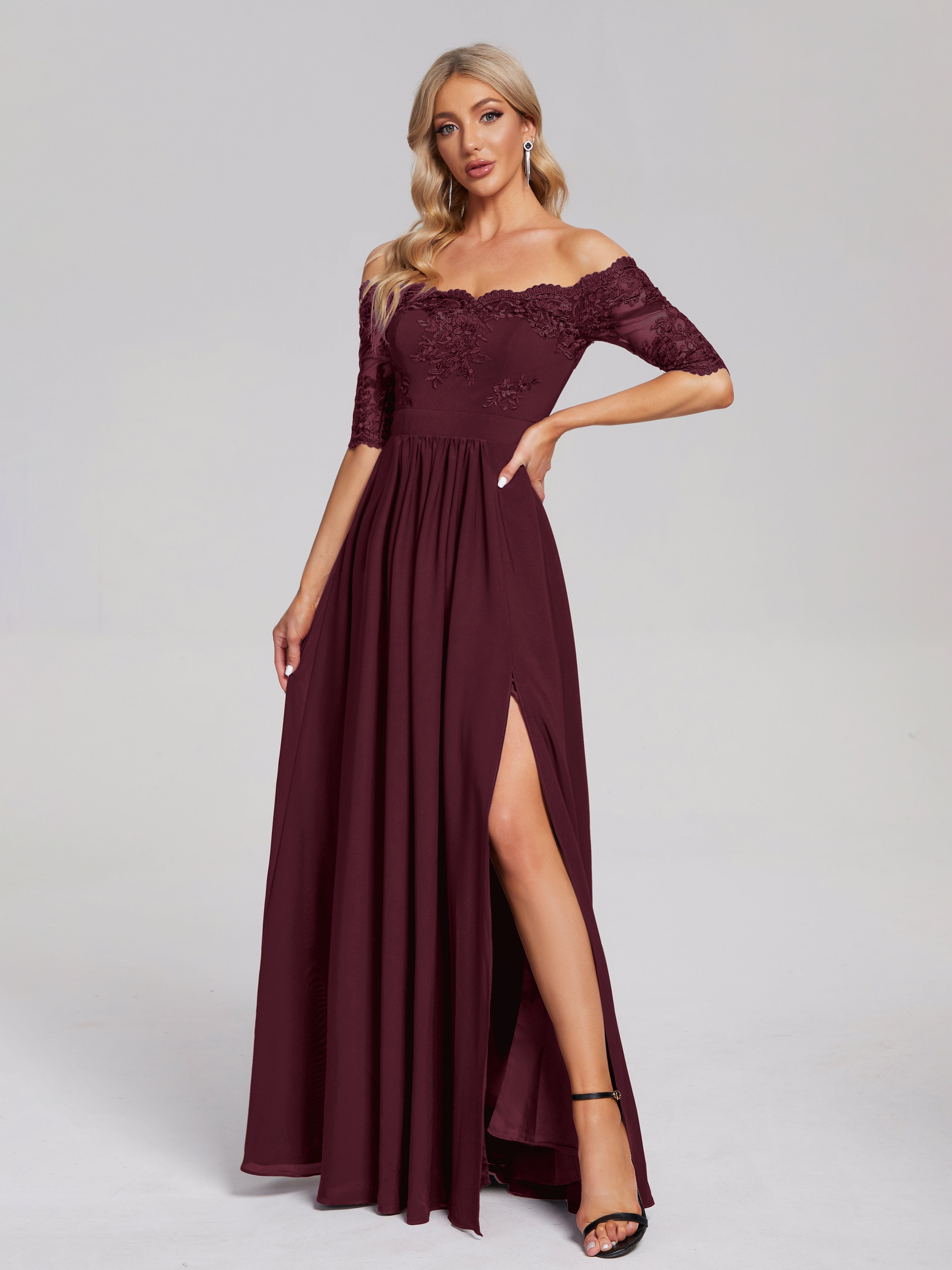Robes De Demoiselle D'Honneur Cabernet Hors-La-Épaule Demi Manches Dentelle/Mousseline Robes Demoiselle D'Honneur