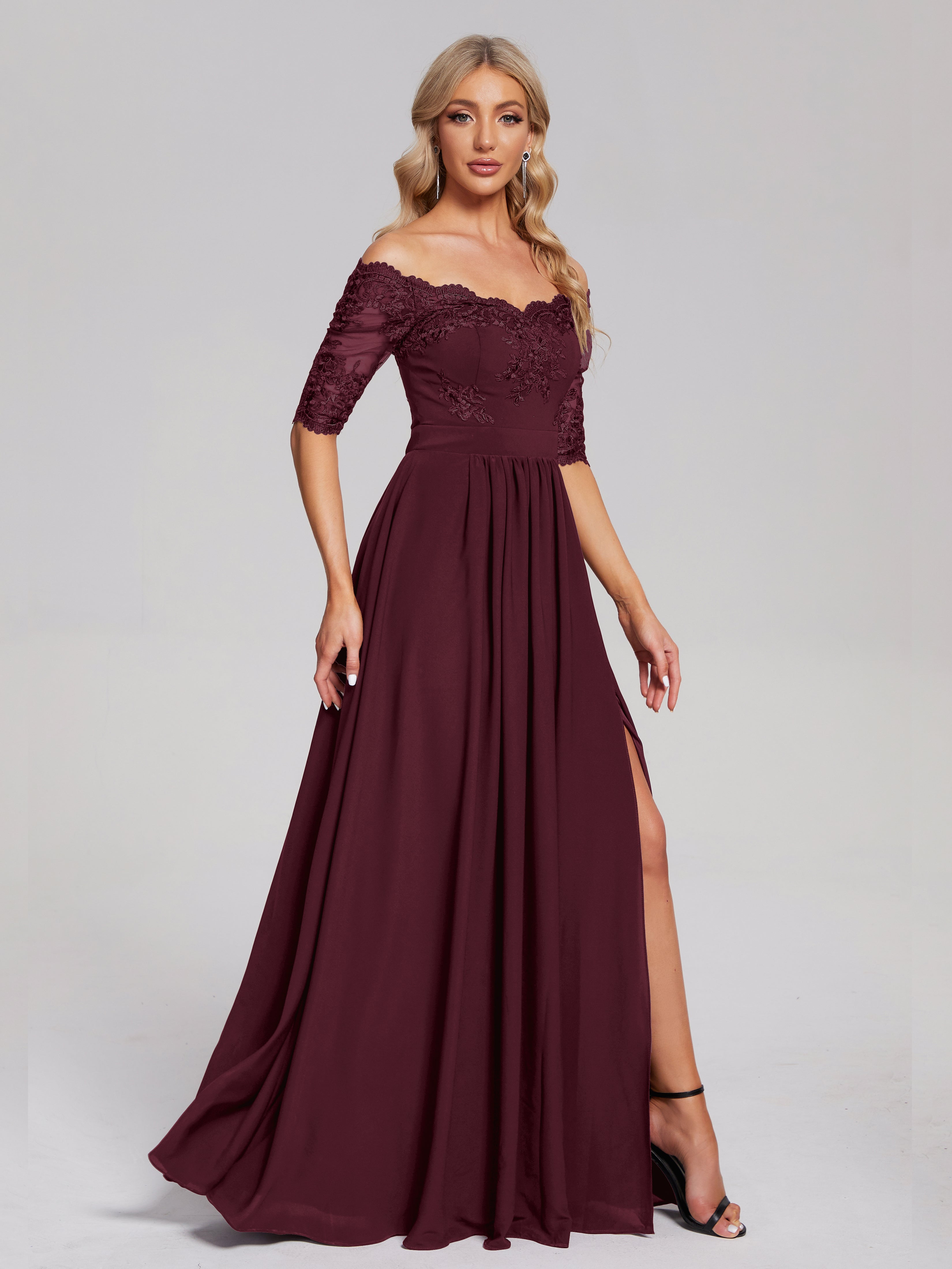 Robes De Demoiselle D'Honneur Cabernet Hors-La-Épaule Demi Manches Dentelle/Mousseline Robes Demoiselle D'Honneur