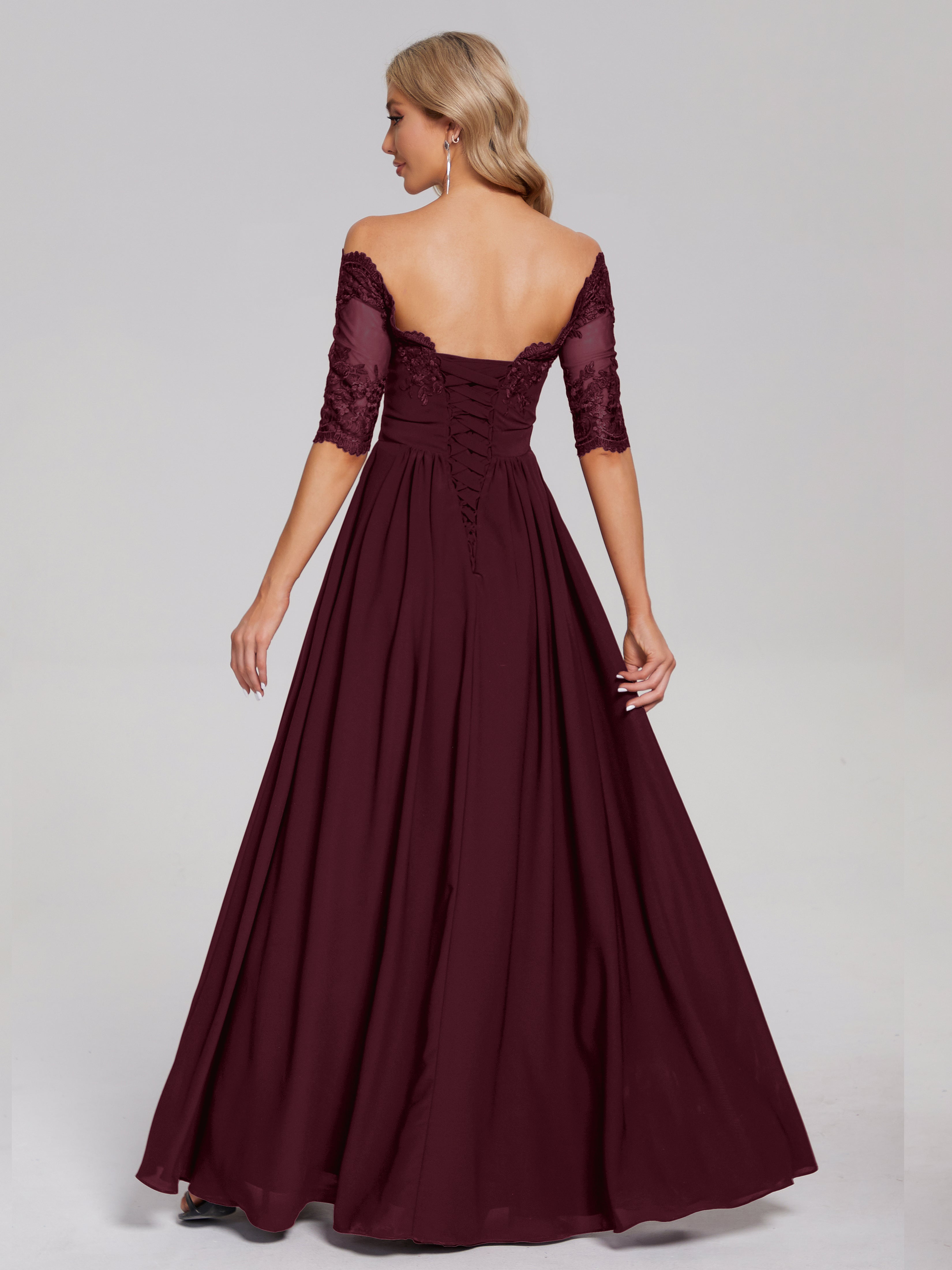 Robes De Demoiselle D'Honneur Cabernet Hors-La-Épaule Demi Manches Dentelle/Mousseline Robes Demoiselle D'Honneur