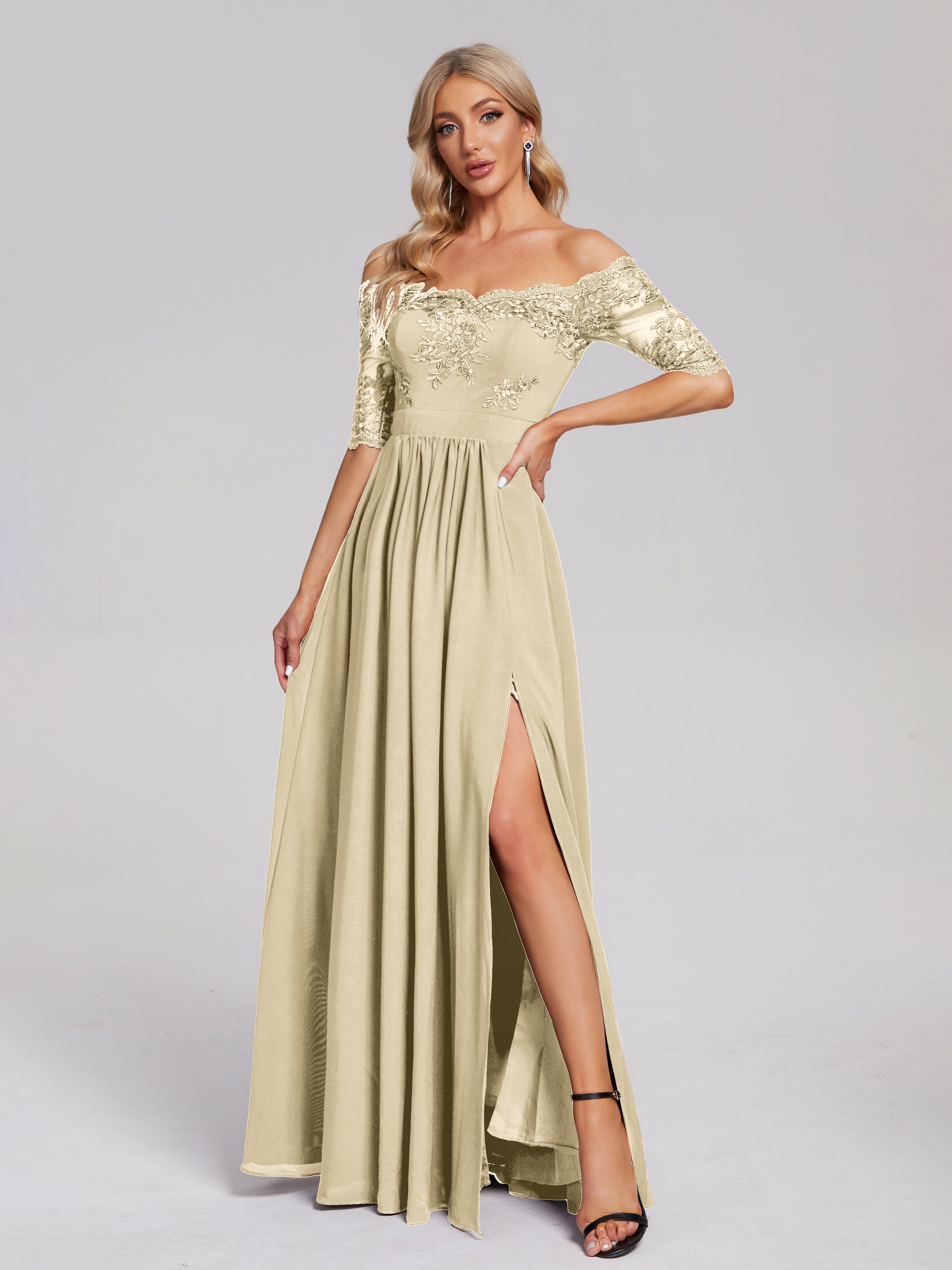 Robe De Demoiselle D'Honneur Champagne Hors-La-Épaule Demi Manches Dentelle/Mousseline Robes Demoiselle D'Honneur