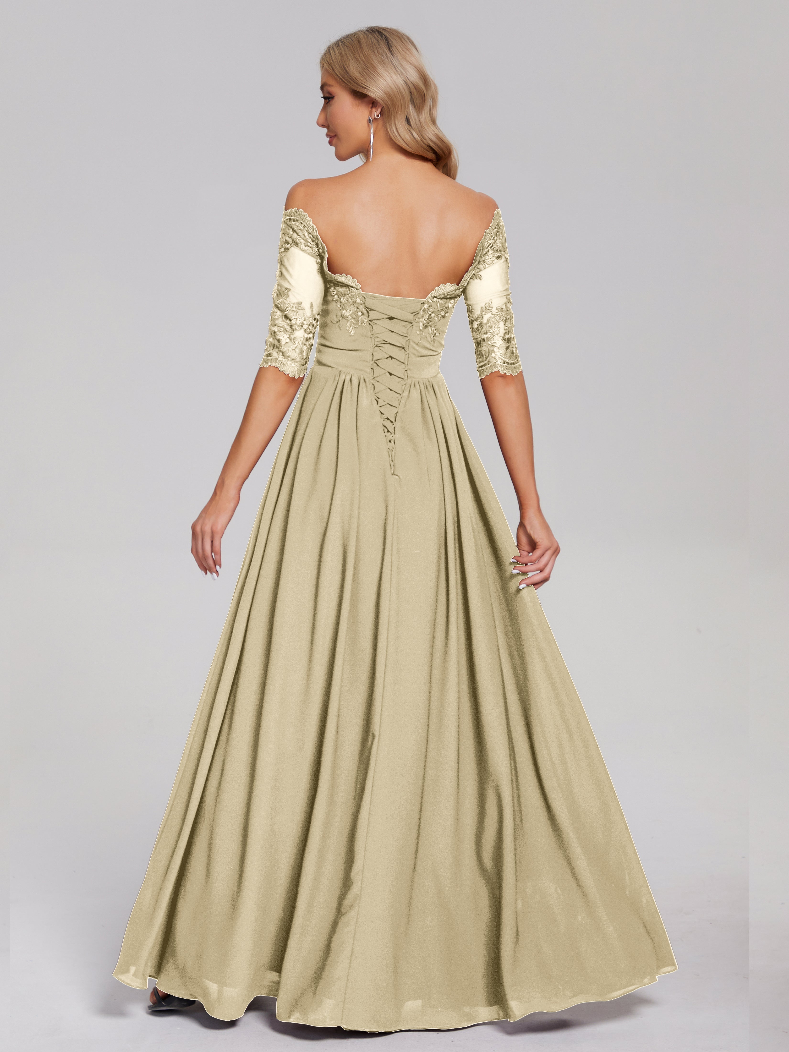 Robe De Demoiselle D'Honneur Champagne Hors-La-Épaule Demi Manches Dentelle/Mousseline Robes Demoiselle D'Honneur