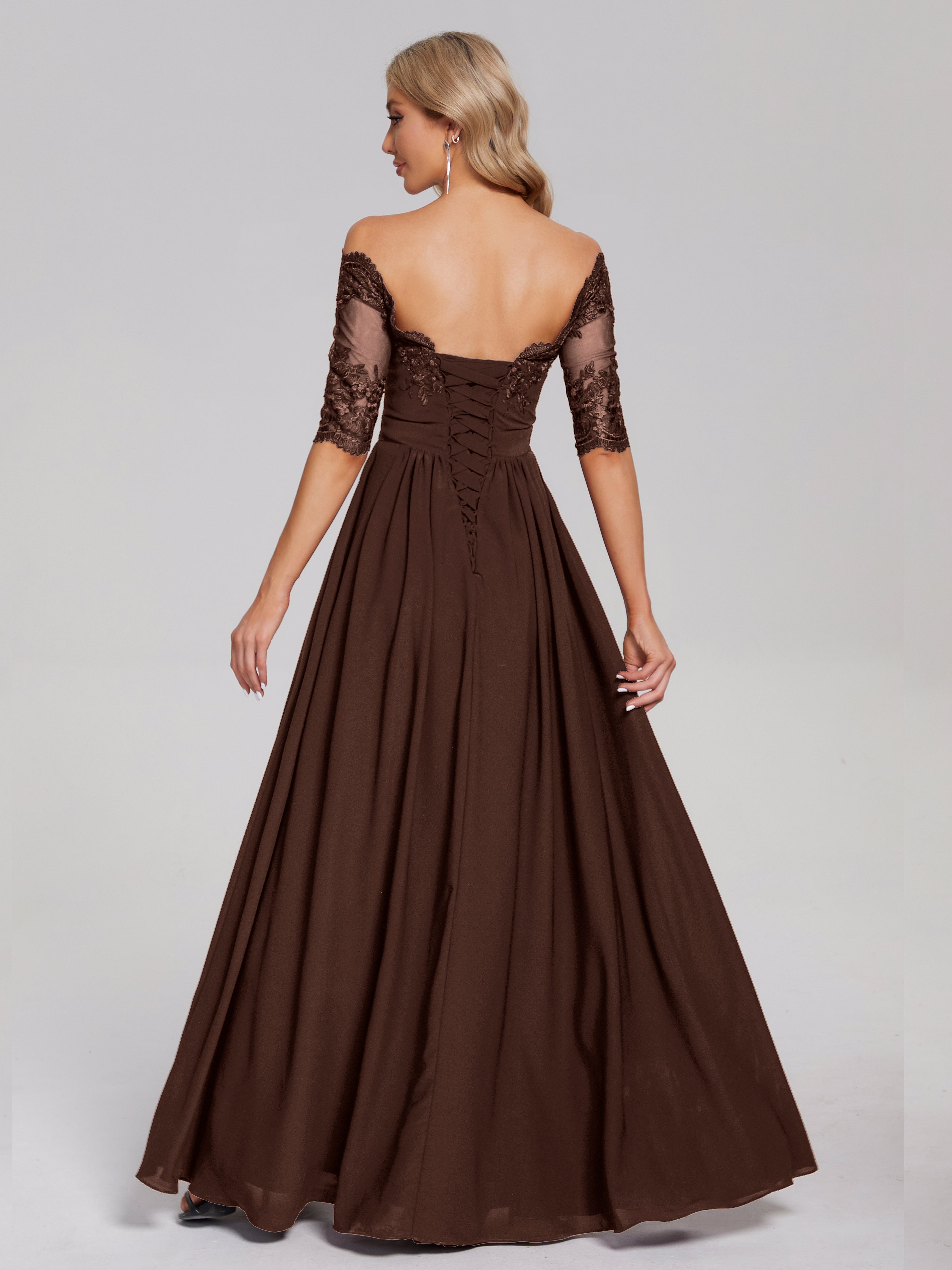 Robe Demoiselle D Honneur Marron Chocolat Hors-La-Épaule Demi Manches Dentelle/Mousseline Robes Demoiselle D'Honneur
