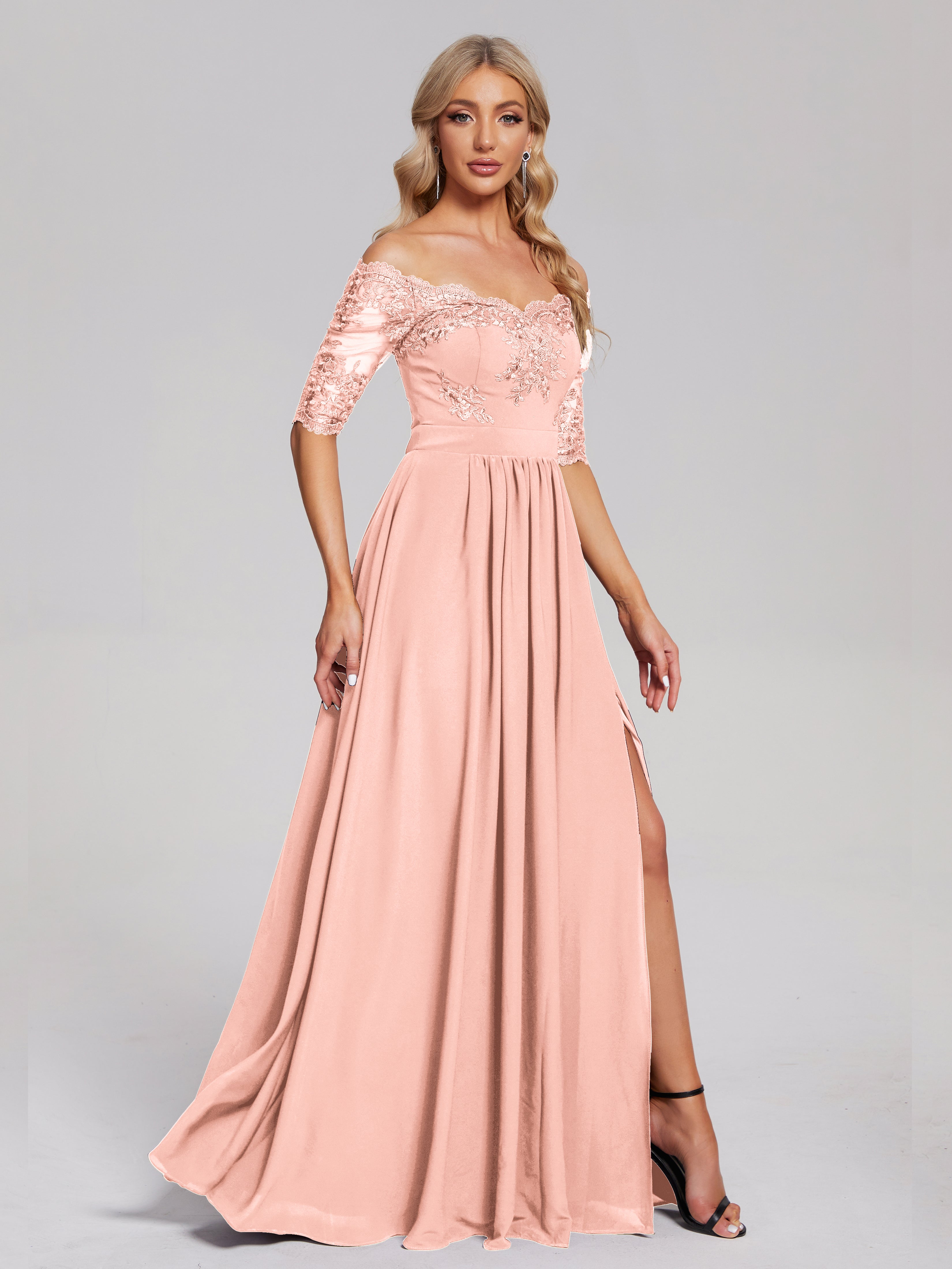 Robes De Demoiselle D'Honneur Corail Hors-La-Épaule Demi Manches Dentelle/Mousseline