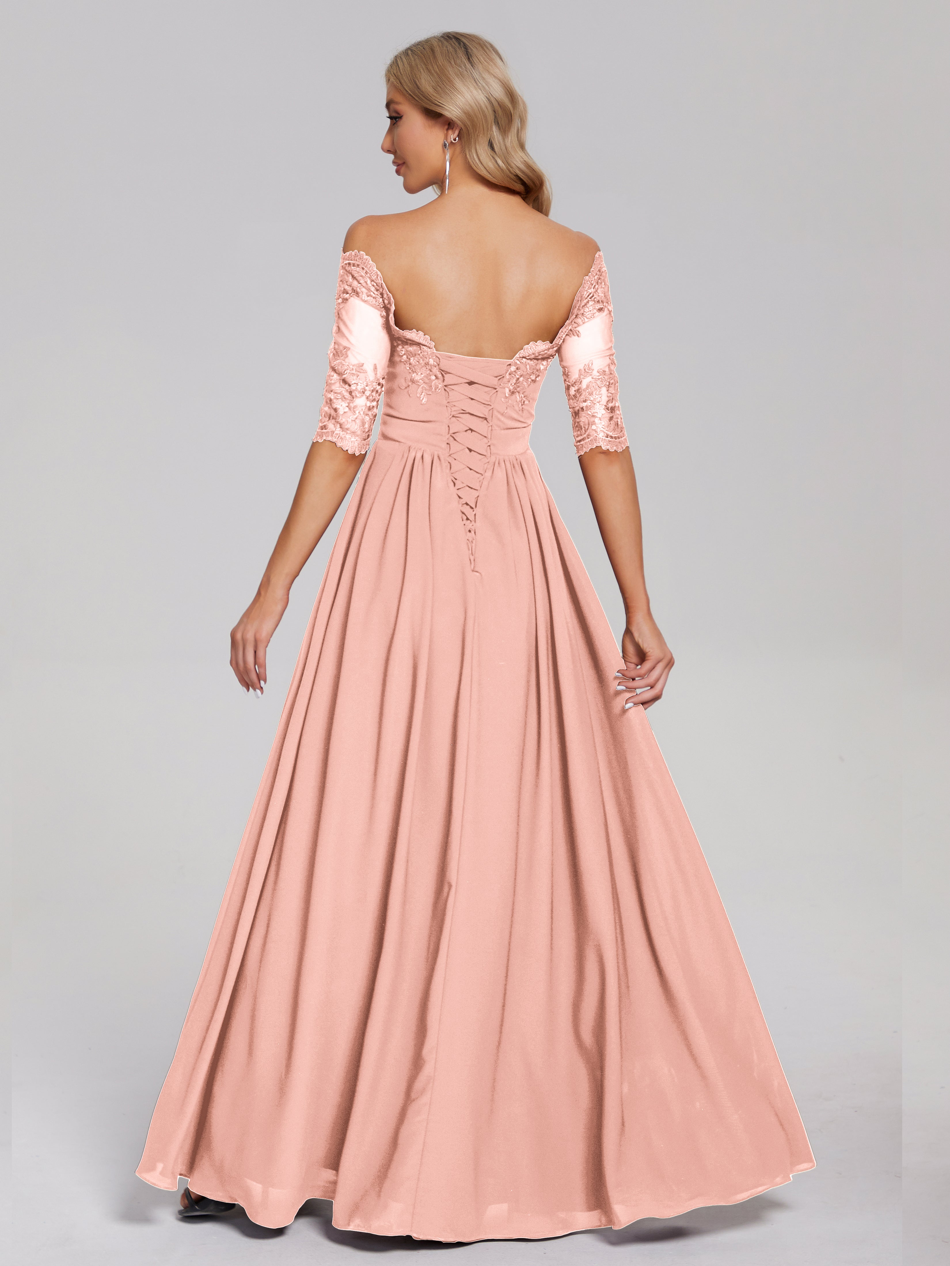 Robes De Demoiselle D'Honneur Corail Hors-La-Épaule Demi Manches Dentelle/Mousseline