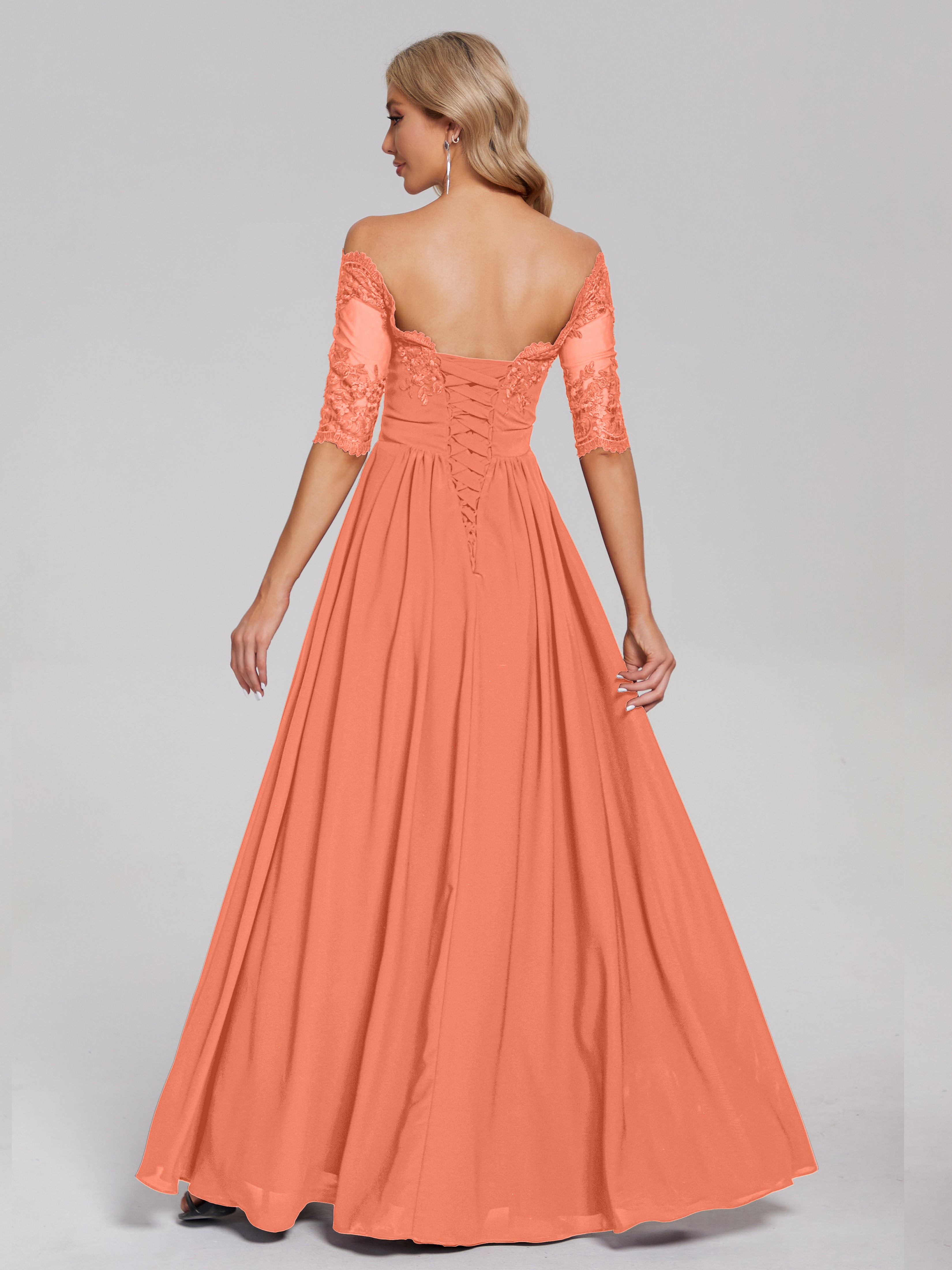 Robes De Demoiselle D'Honneur Coucher De Soleil Hors-La-Épaule Demi Manches Dentelle/Mousseline Robes Demoiselle D'Honneur