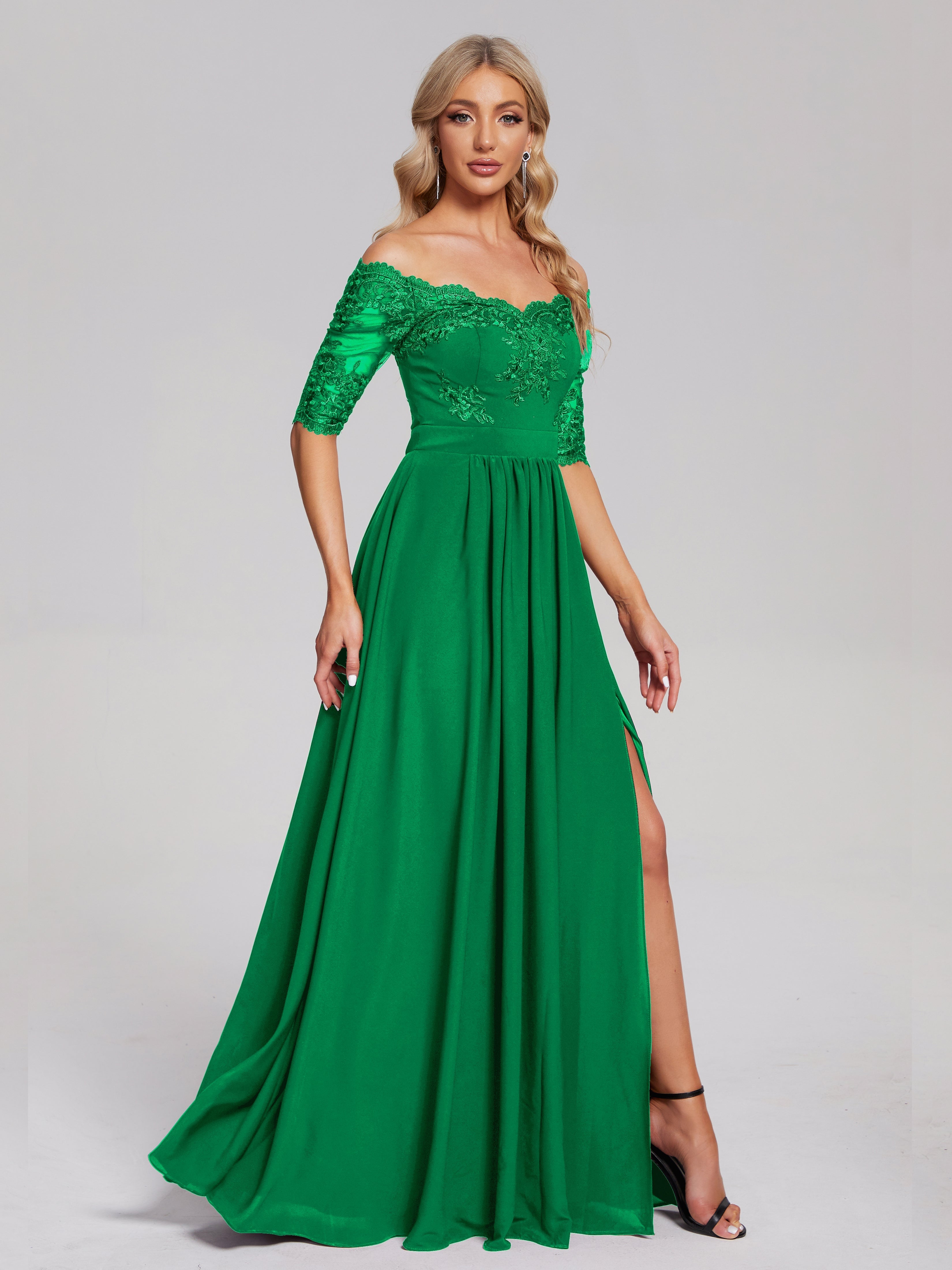 Demoiselle D'Honneur Vert Émeraude Hors-La-Épaule Demi Manches Dentelle/Mousseline Robes Demoiselle D'Honneur