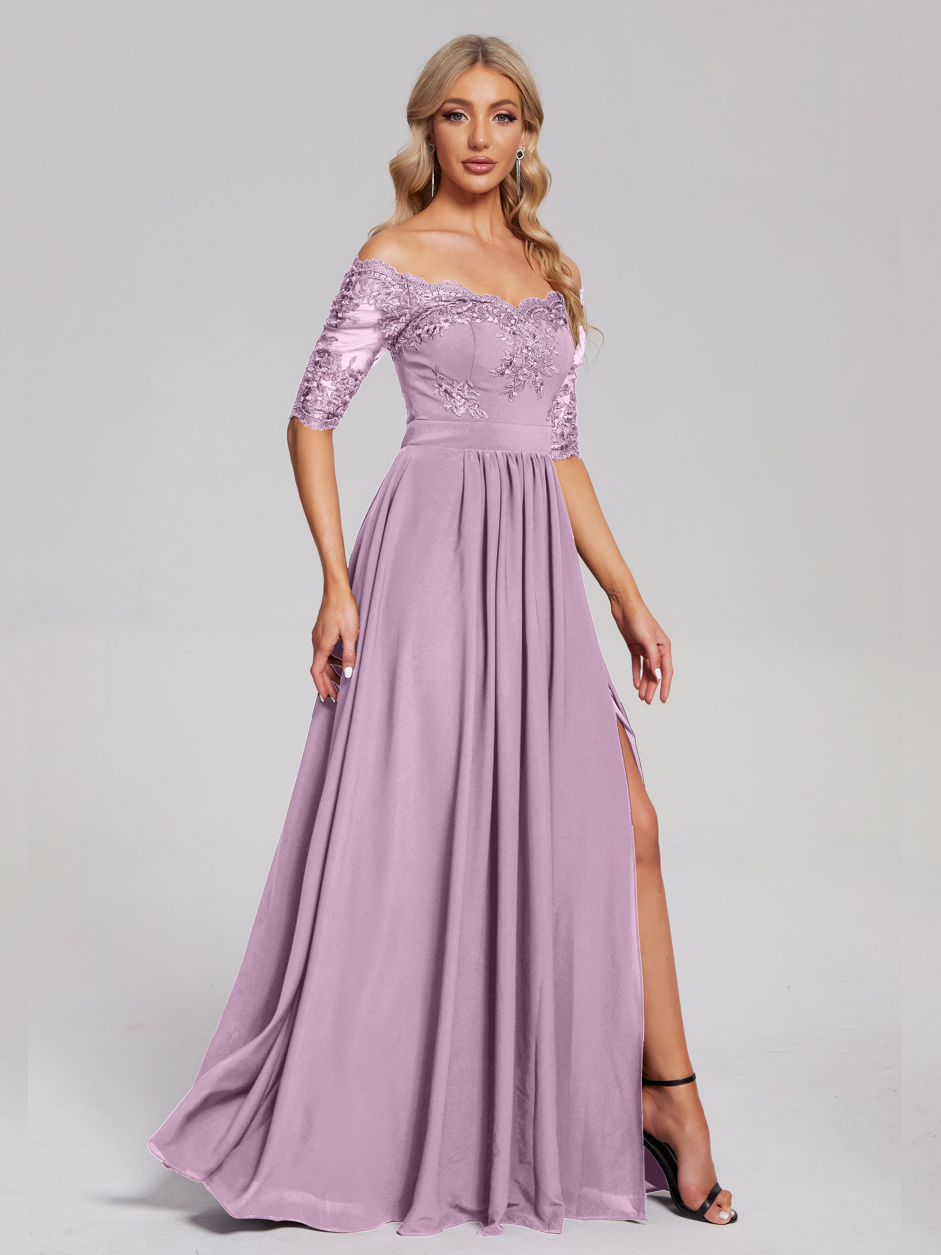 Robes De Demoiselle D'Honneur Glycine Hors-La-Épaule Demi Manches Dentelle/Mousseline Robes Demoiselle D'Honneur