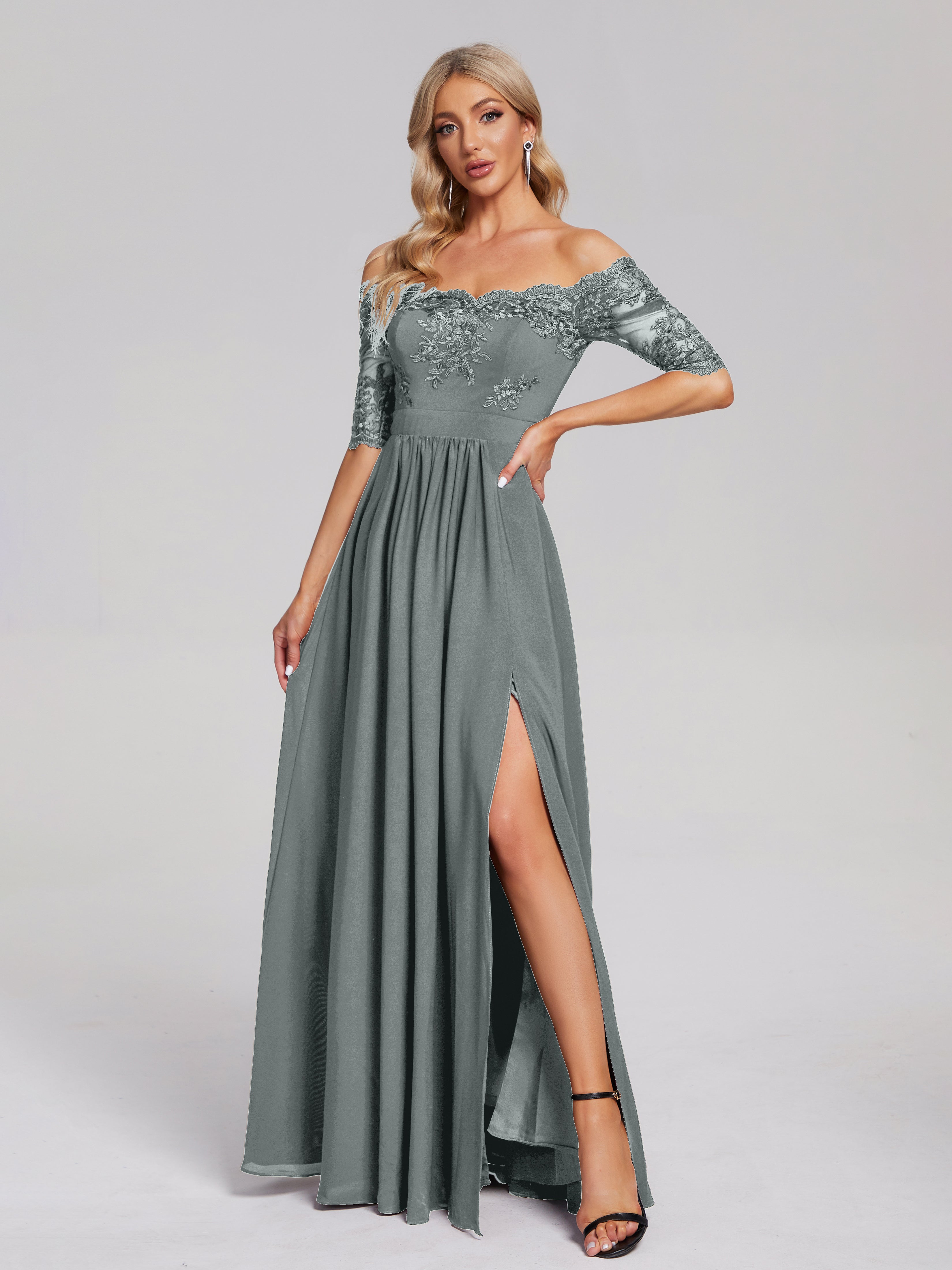 Robes De Demoiselle D'Honneur Gris Argenté Hors-La-Épaule Demi Manches Dentelle/Mousseline