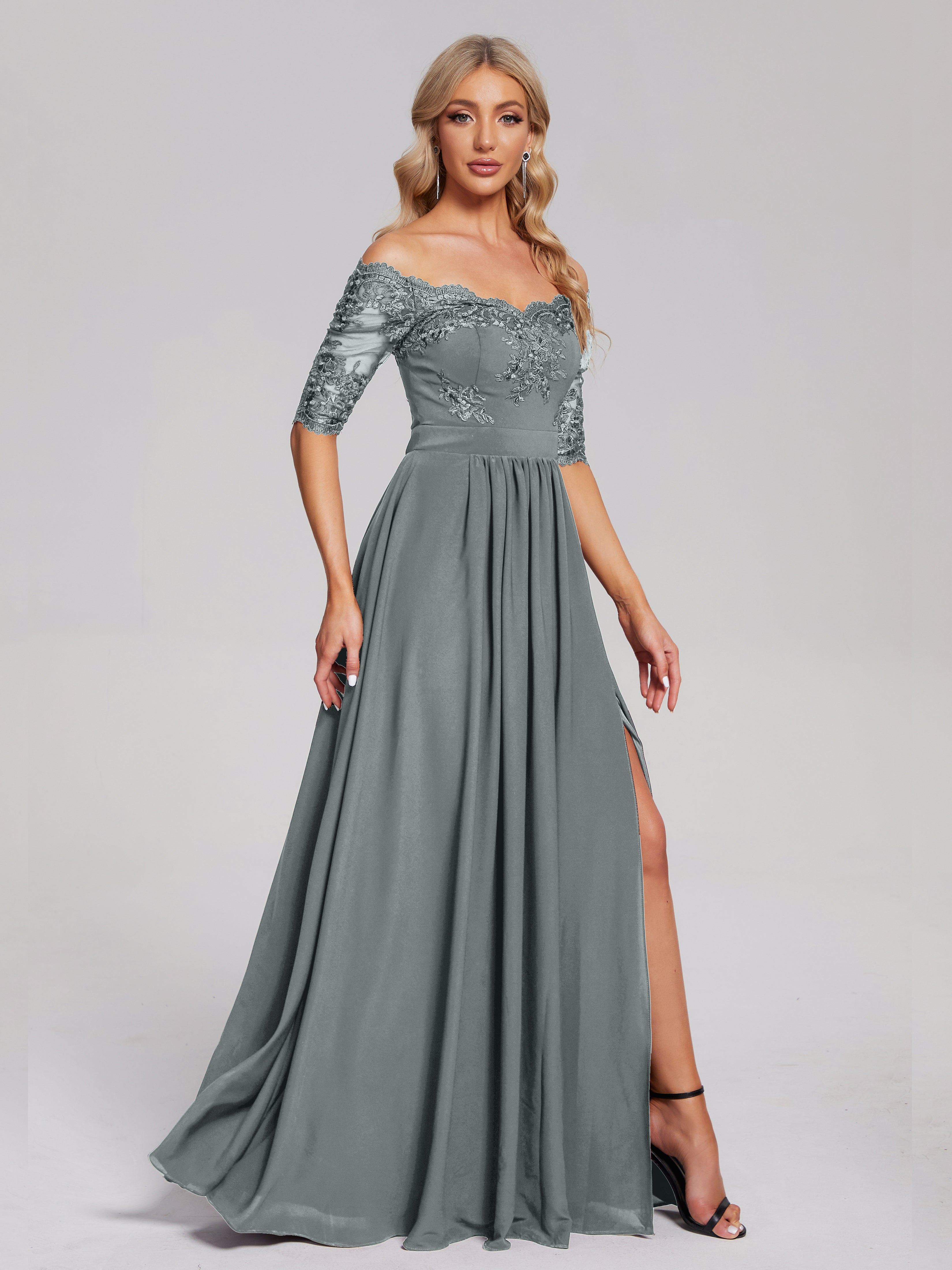 Robes De Demoiselle D'Honneur Gris Argenté Hors-La-Épaule Demi Manches Dentelle/Mousseline