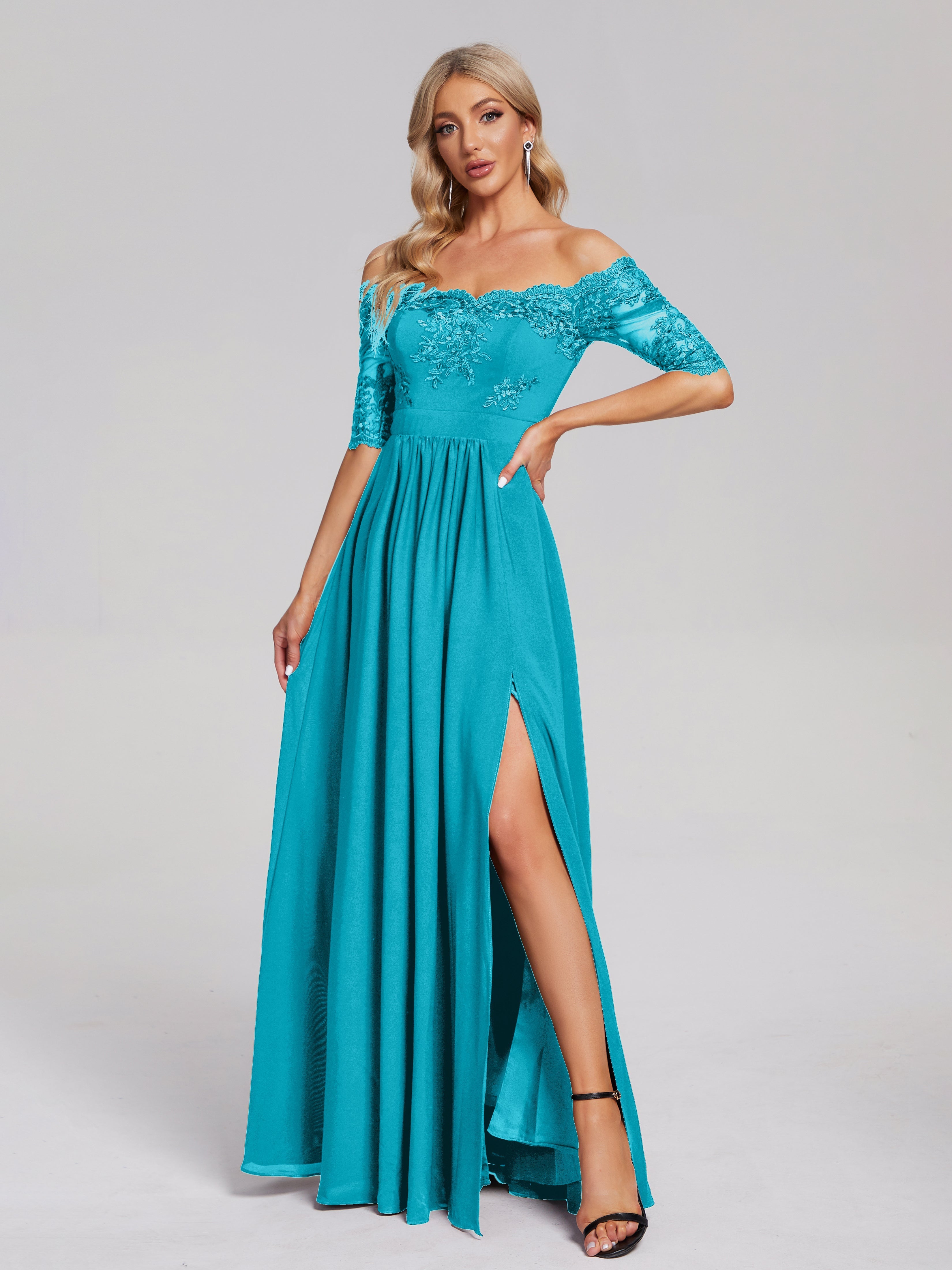 Robes De Demoiselle D'Honneur Vert Jade Hors-La-Épaule Demi Manches Dentelle/Mousseline Robes Demoiselle D'Honneur