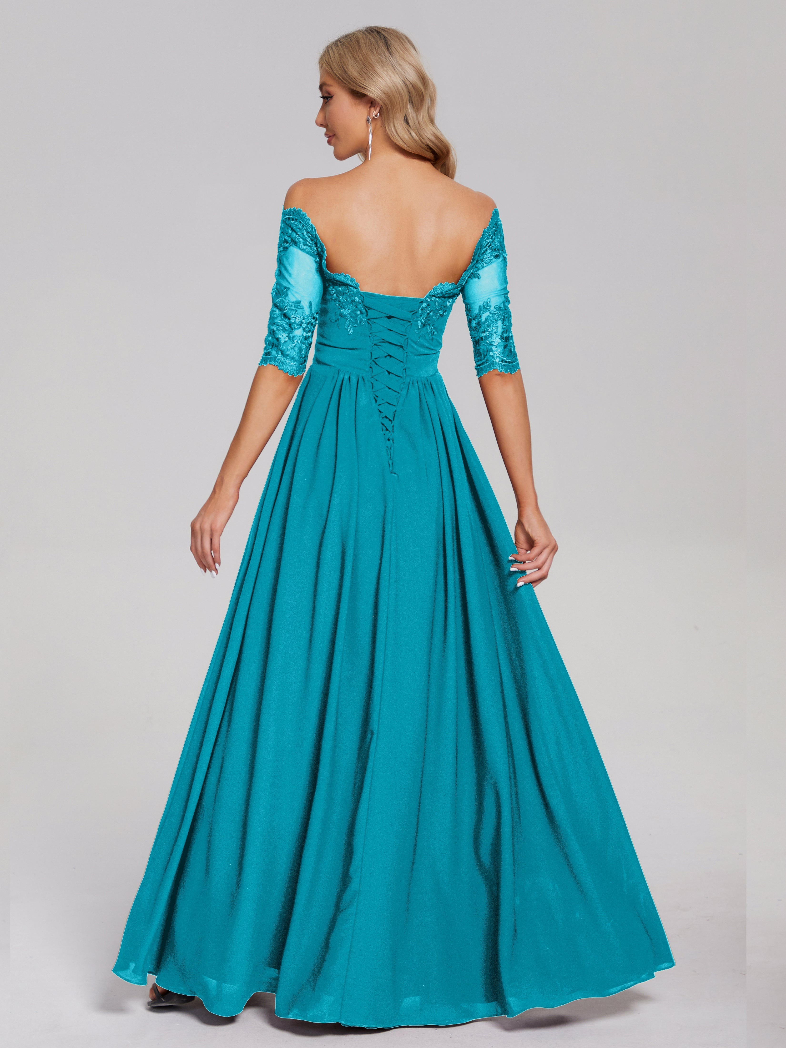 Robes De Demoiselle D'Honneur Vert Jade Hors-La-Épaule Demi Manches Dentelle/Mousseline Robes Demoiselle D'Honneur