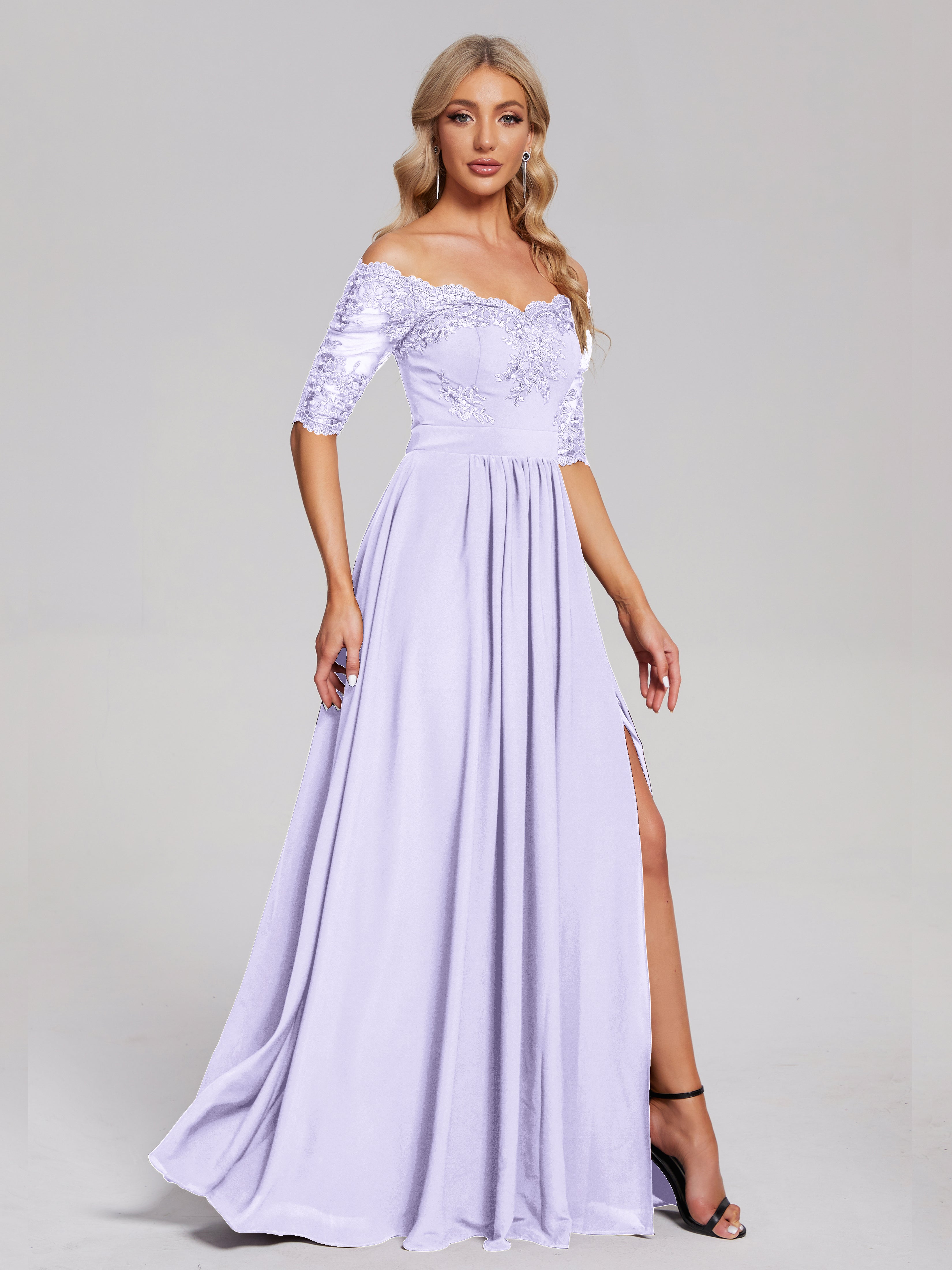 Robes De Demoiselle D'Honneur Lilas Hors-La-Épaule Demi Manches Dentelle/Mousseline Robes Demoiselle D'Honneur