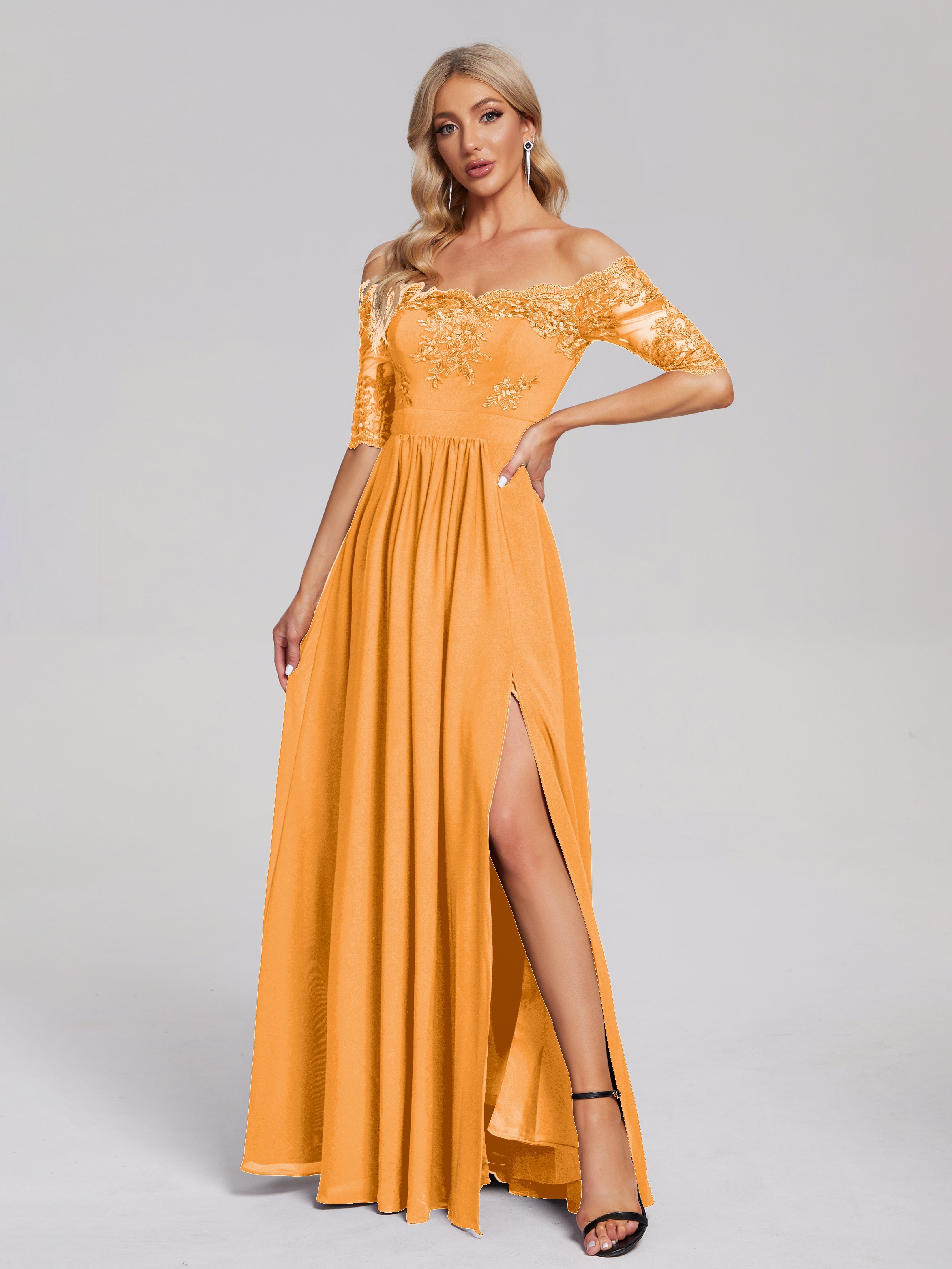 Robes De Demoiselle D'Honneur Mandarine Hors-La-Épaule Demi Manches Dentelle/Mousseline Robes Demoiselle D'Honneur