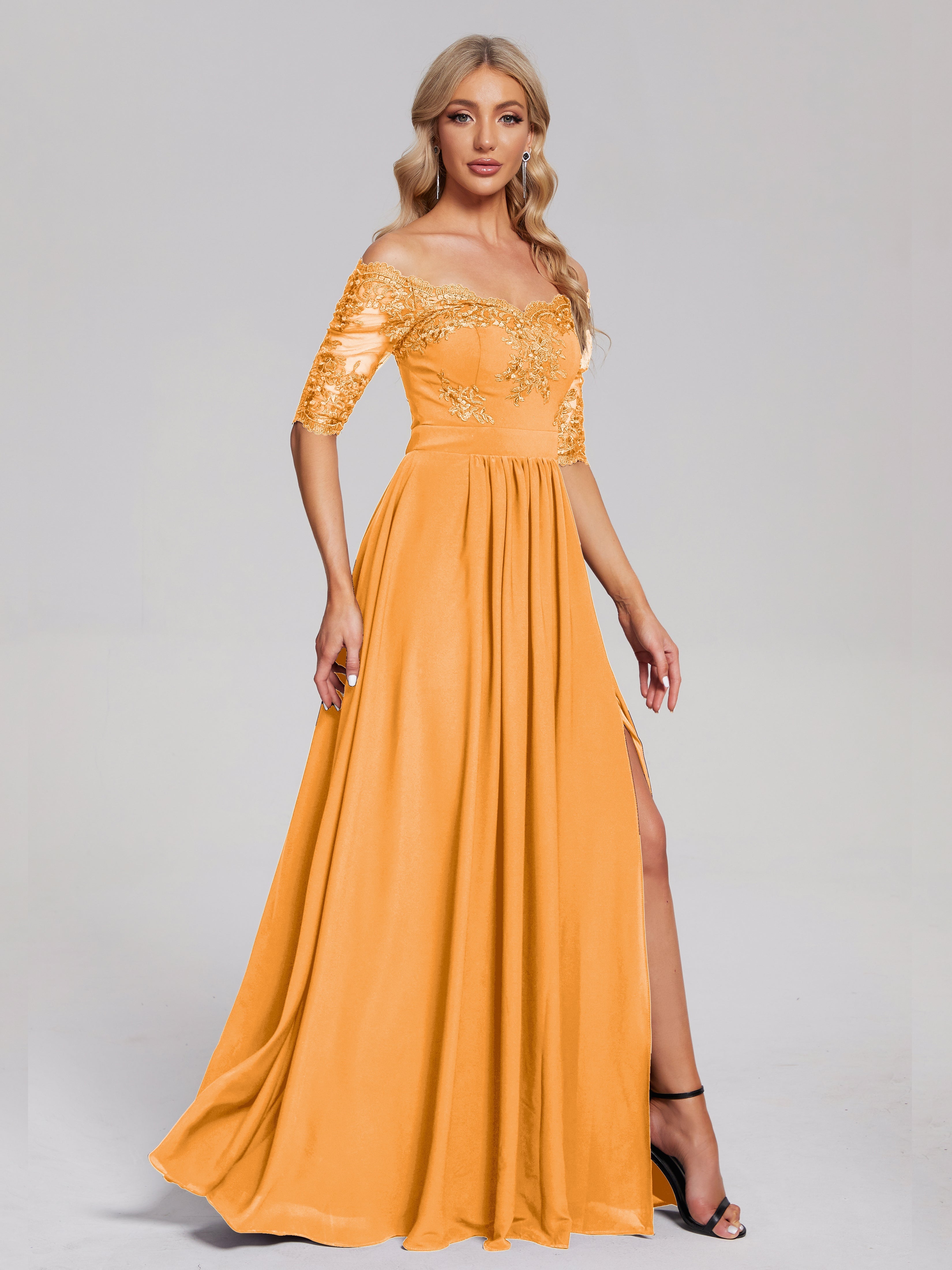 Robes De Demoiselle D'Honneur Mandarine Hors-La-Épaule Demi Manches Dentelle/Mousseline Robes Demoiselle D'Honneur