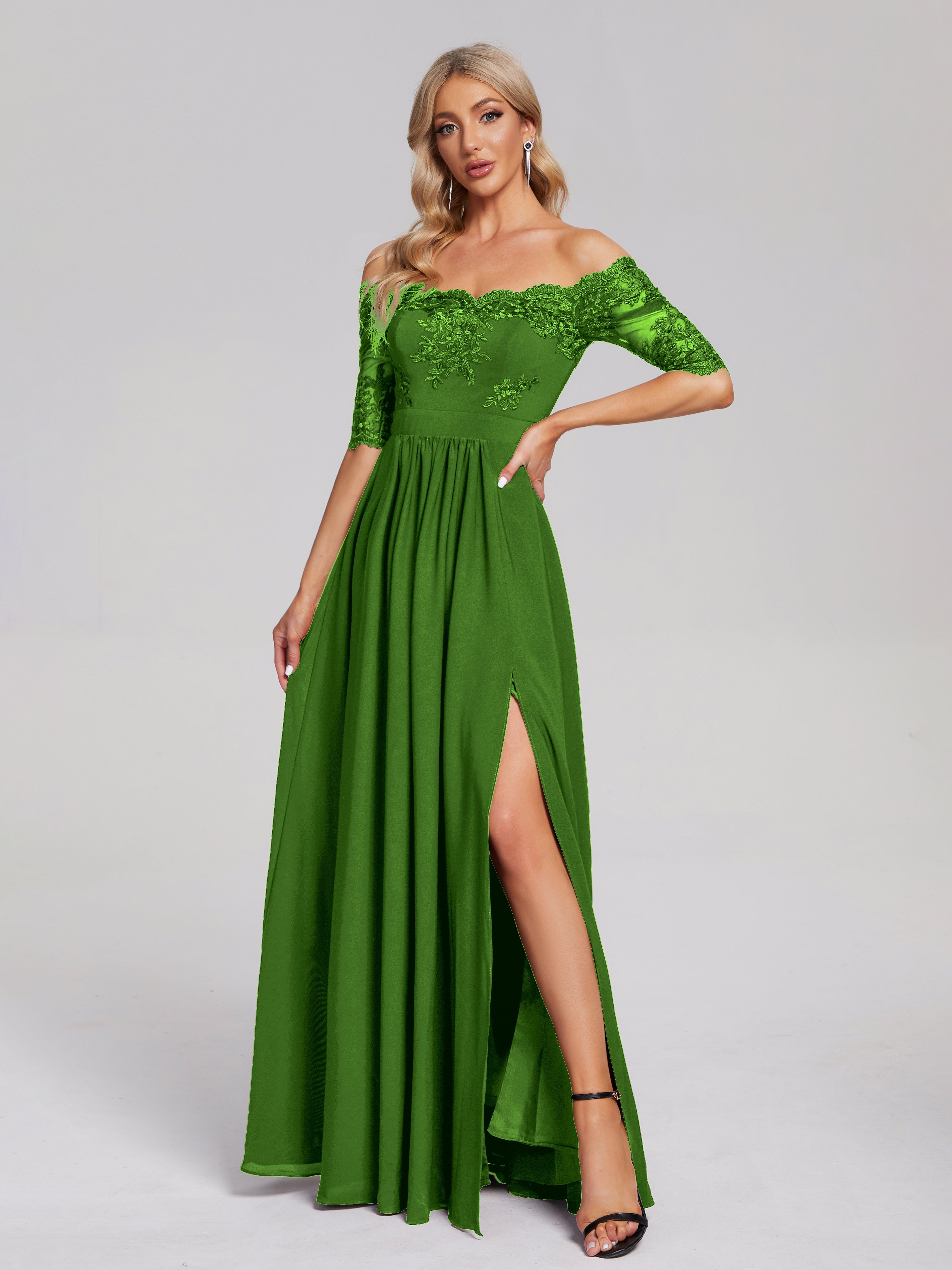 Robes De Demoiselle D'Honneur Vert Mousse Hors-La-Épaule Demi Manches Dentelle/Mousseline Robes Demoiselle D'Honneur