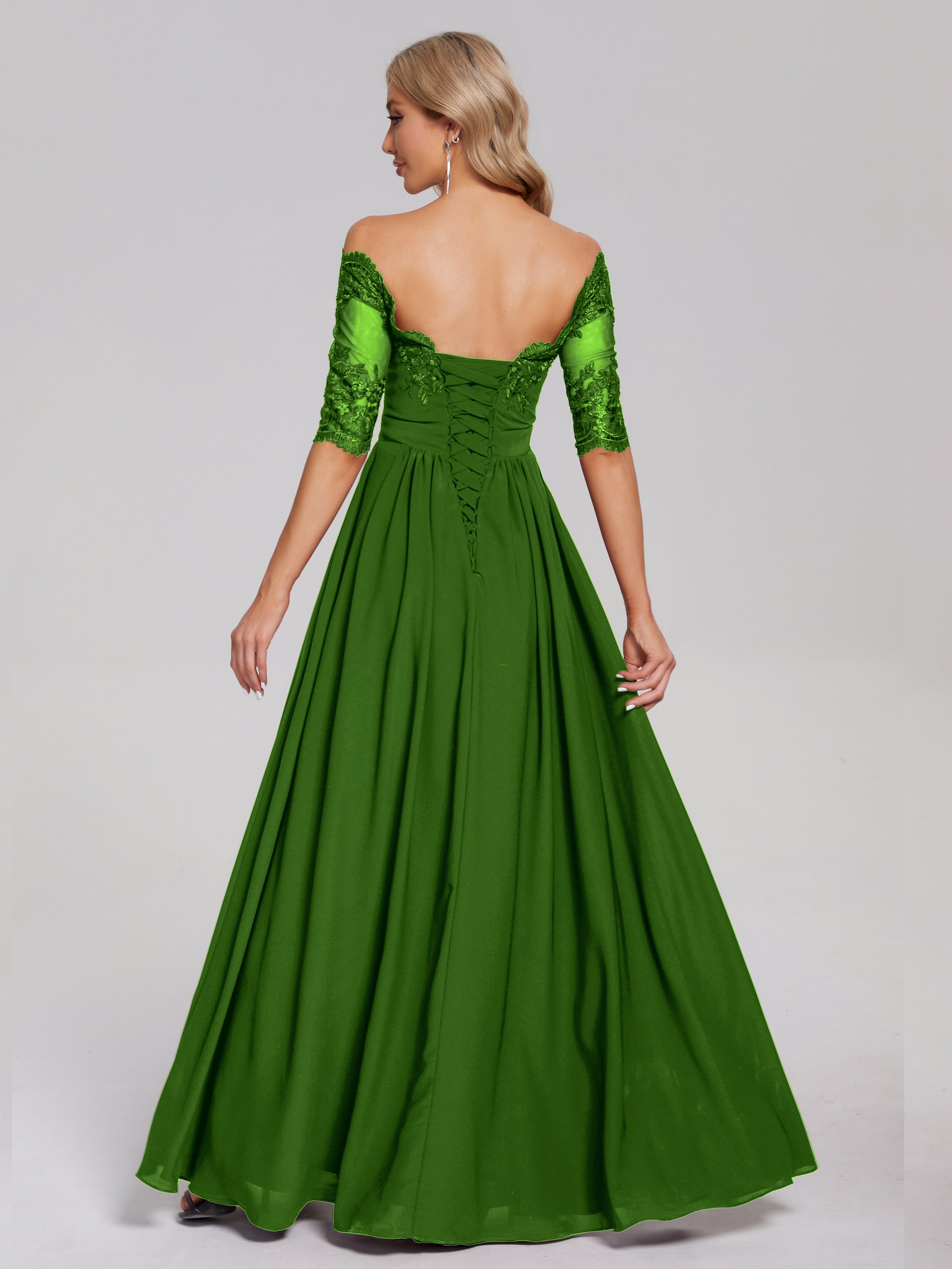 Robes De Demoiselle D'Honneur Vert Mousse Hors-La-Épaule Demi Manches Dentelle/Mousseline Robes Demoiselle D'Honneur