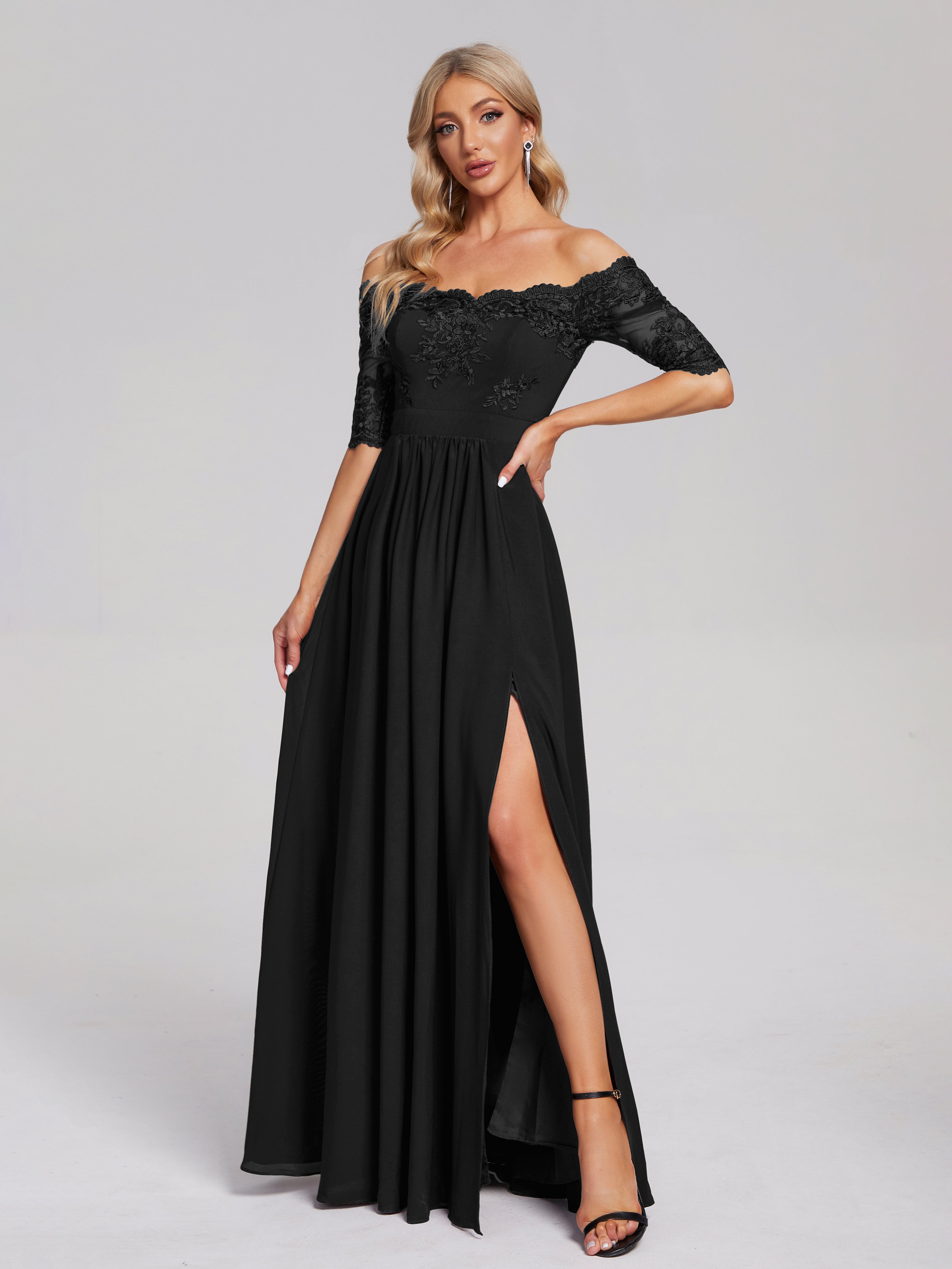 Robe Noire Demoiselle D Honneur Hors-La-Épaule Demi Manches Dentelle/Mousseline