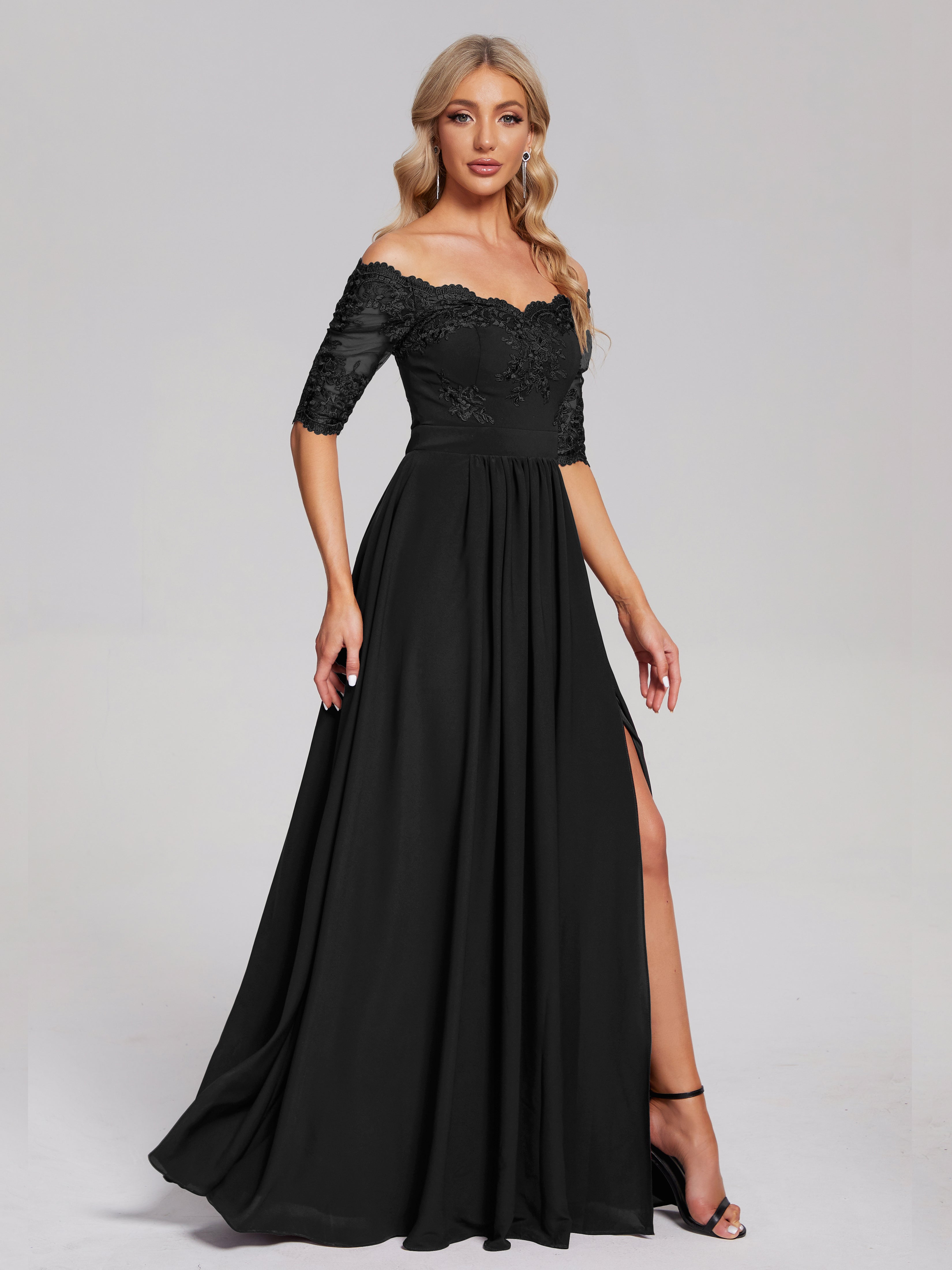 Robe Noire Demoiselle D Honneur Hors-La-Épaule Demi Manches Dentelle/Mousseline