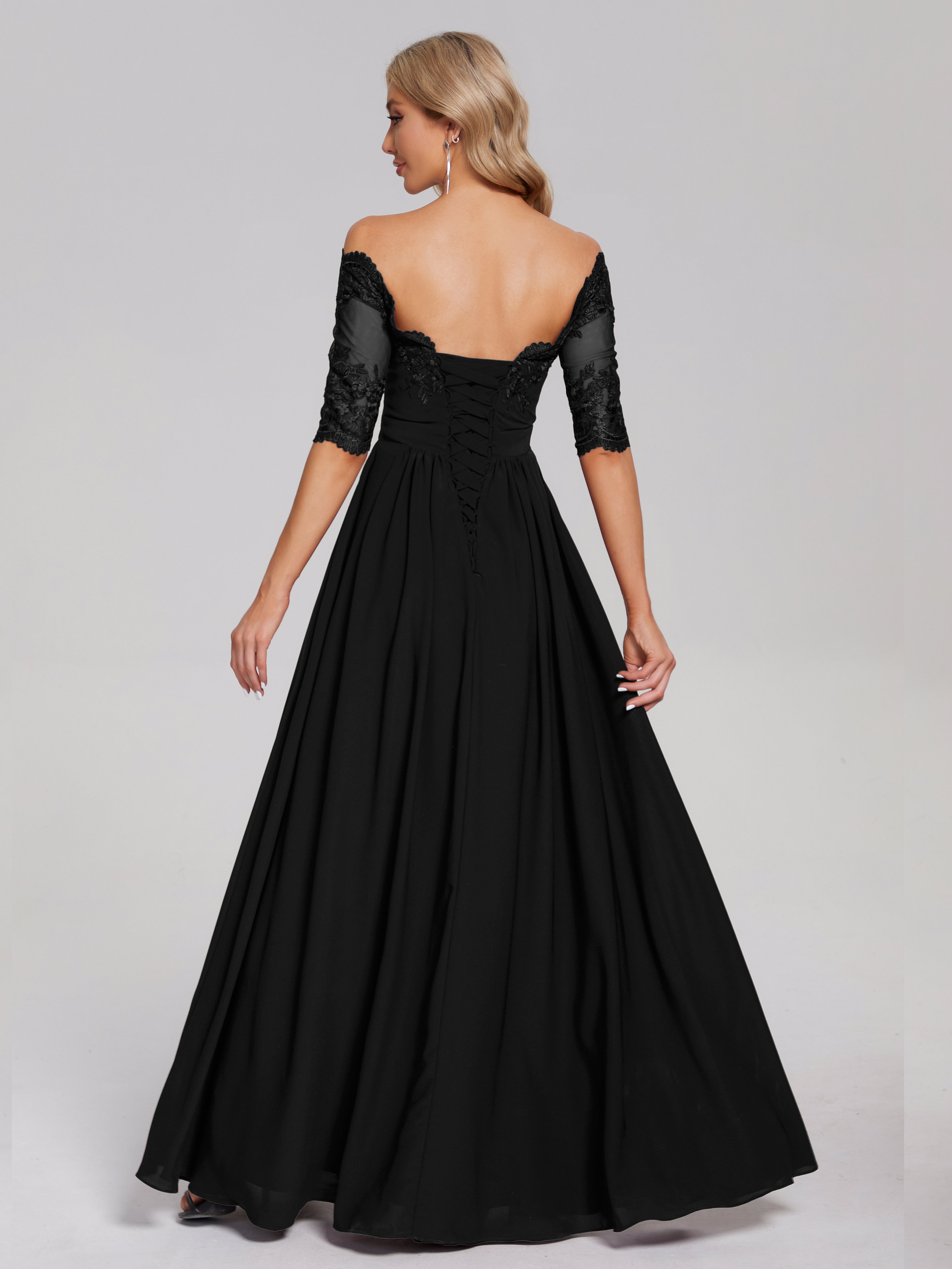 Robe Noire Demoiselle D Honneur Hors-La-Épaule Demi Manches Dentelle/Mousseline