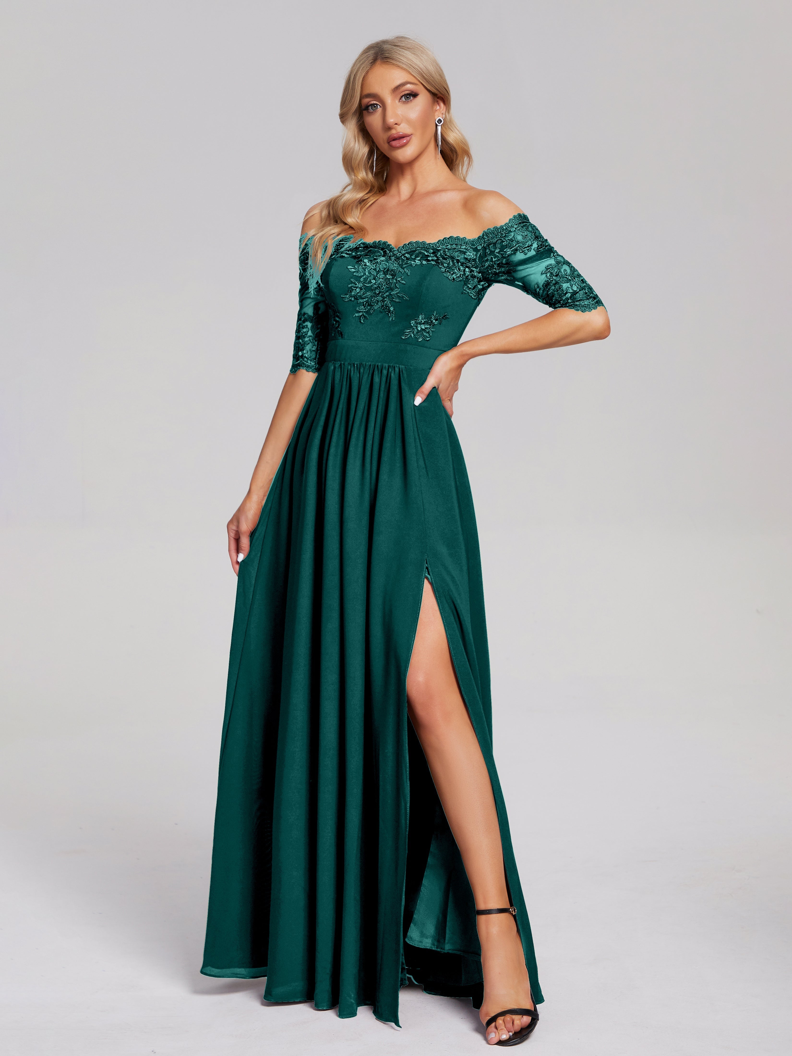 Robes De Demoiselle D'Honneur En Mousseline De Paon Hors-La-Épaule Demi Manches Dentelle
