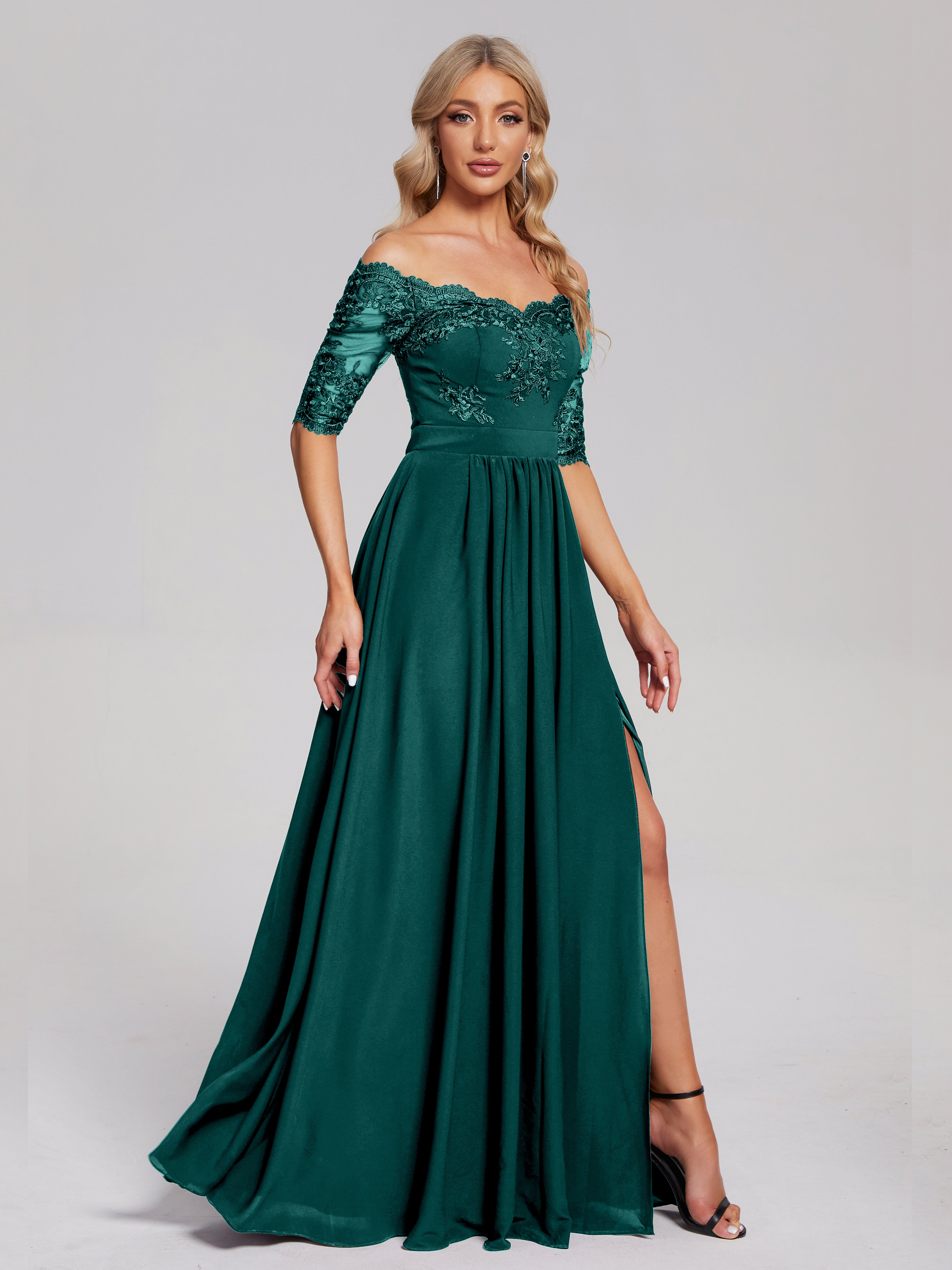 Robes De Demoiselle D'Honneur En Mousseline De Paon Hors-La-Épaule Demi Manches Dentelle