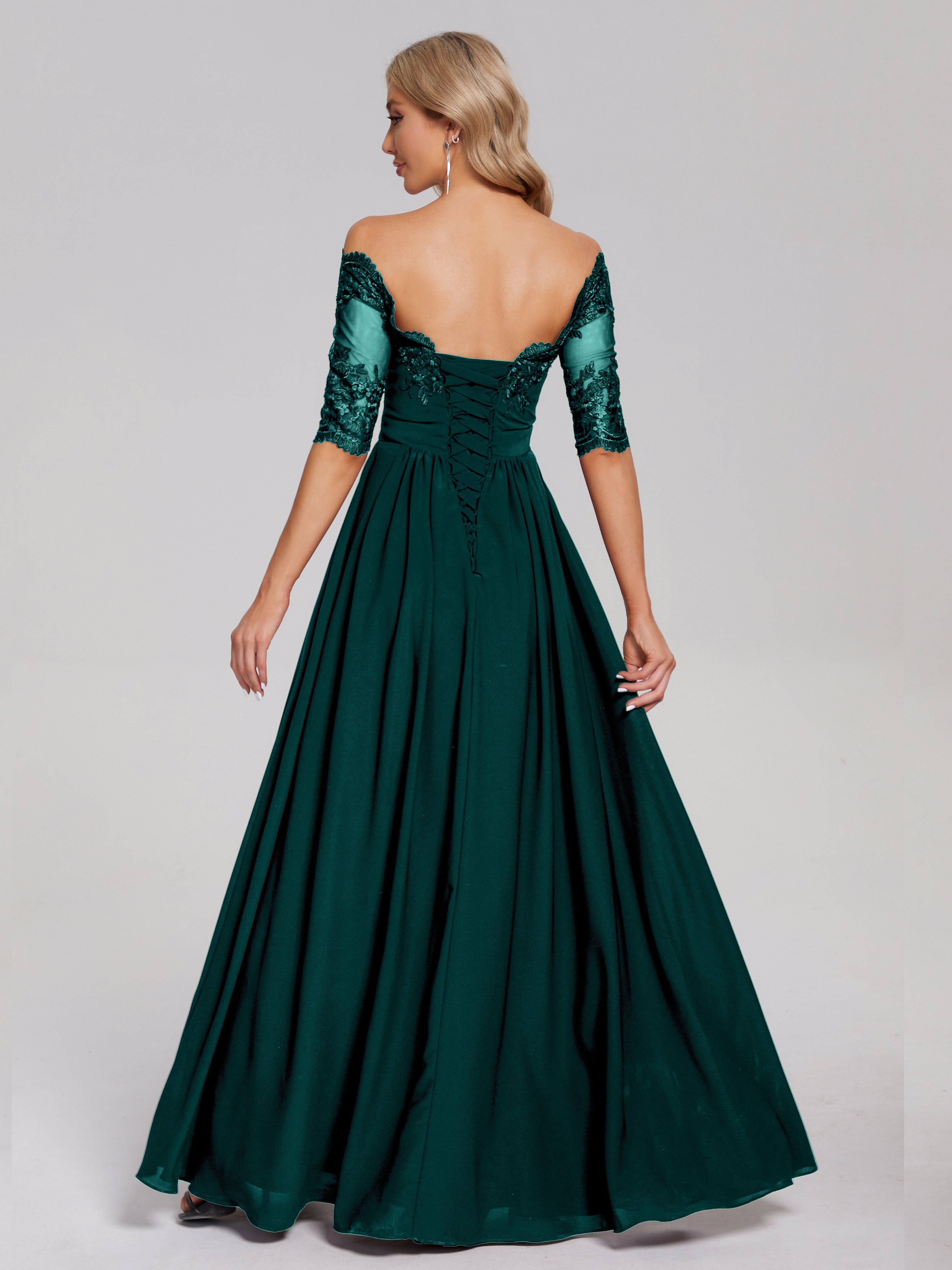 Robes De Demoiselle D'Honneur En Mousseline De Paon Hors-La-Épaule Demi Manches Dentelle