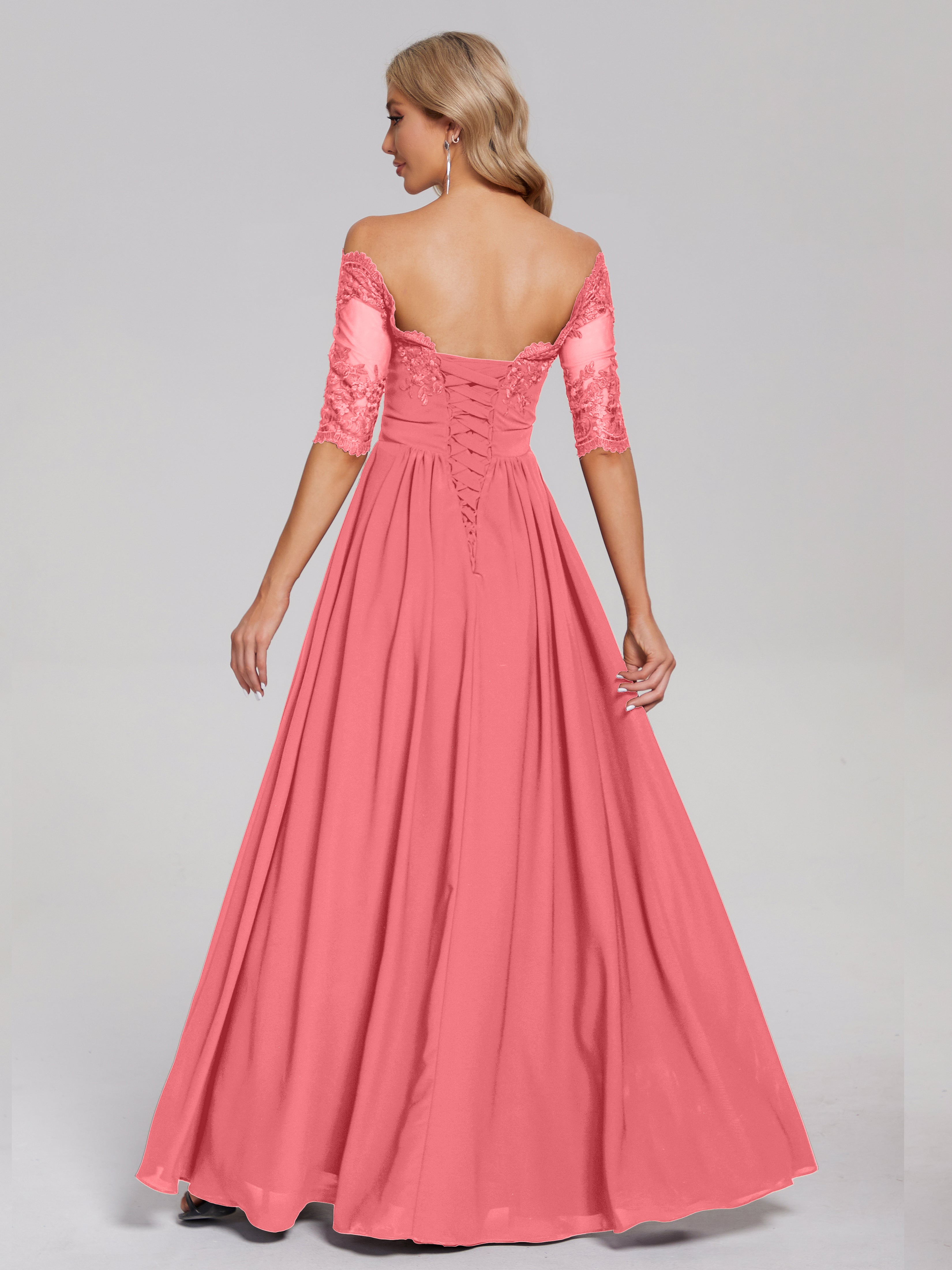 Robes De Demoiselle D'Honneur Pastèque Hors-La-Épaule Demi Manches Dentelle/Mousseline