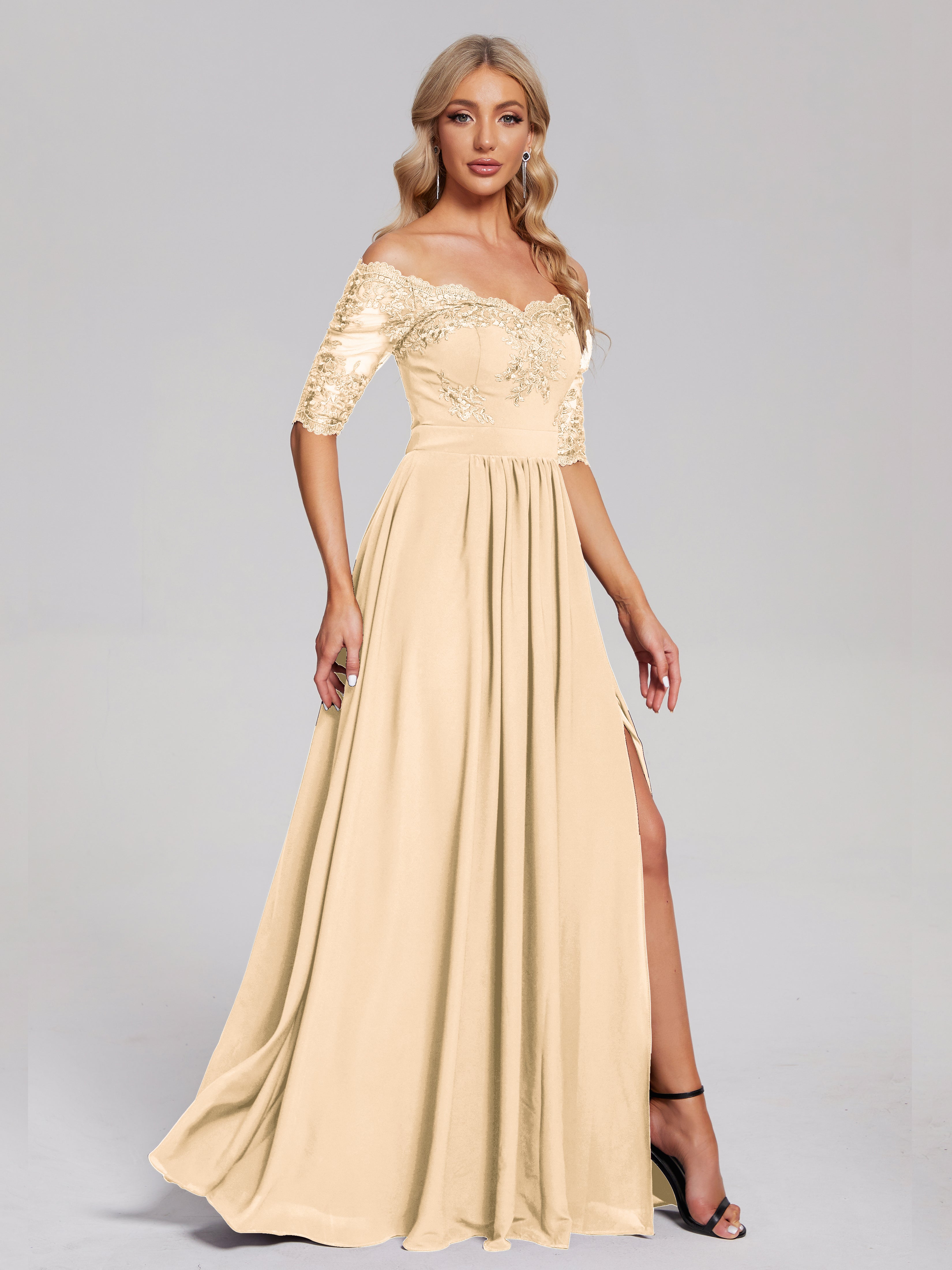 Robe Peche Demoiselle D Honneur Hors-La-Épaule Demi Manches Dentelle/Mousseline