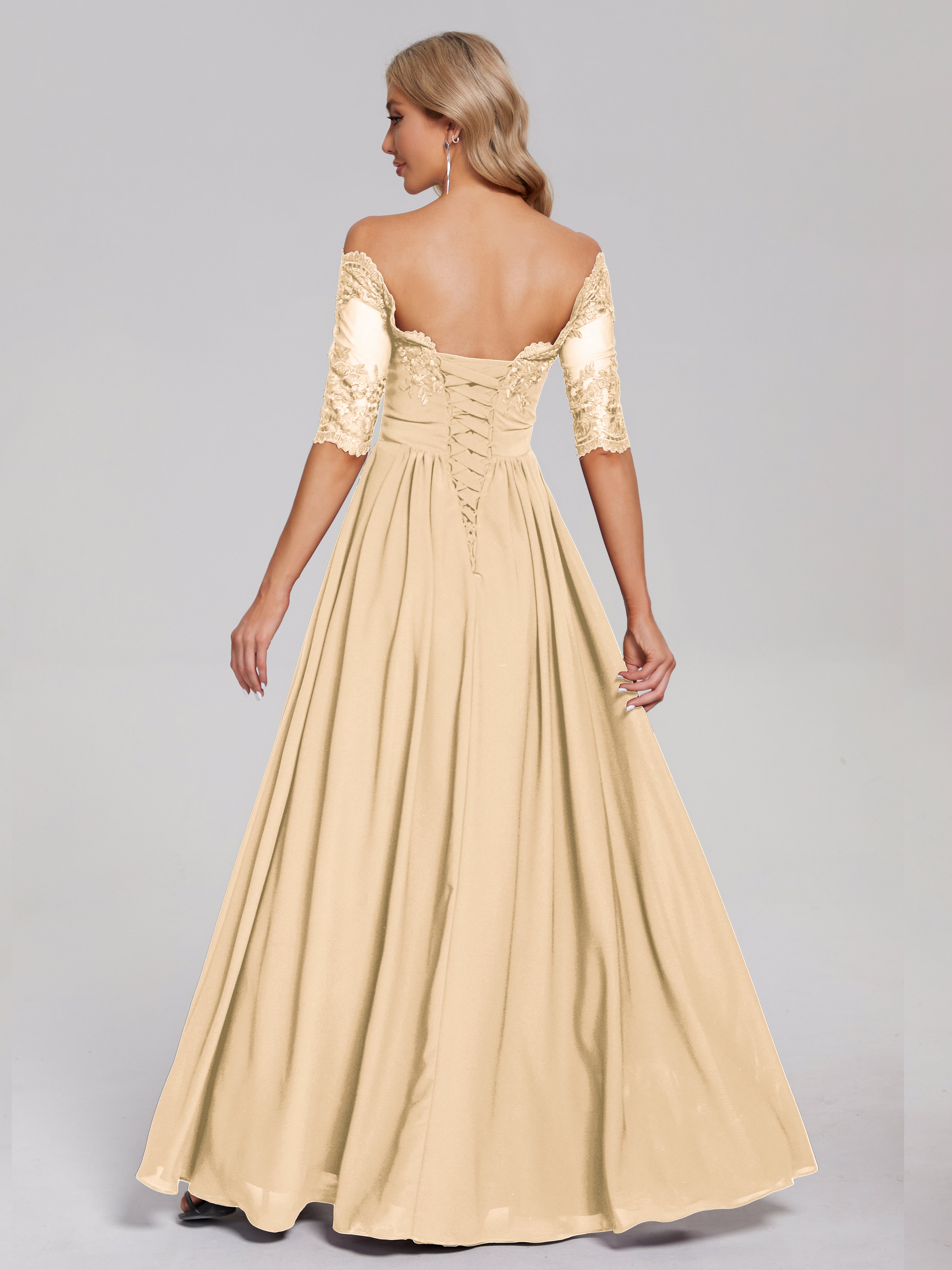 Robe Peche Demoiselle D Honneur Hors-La-Épaule Demi Manches Dentelle/Mousseline