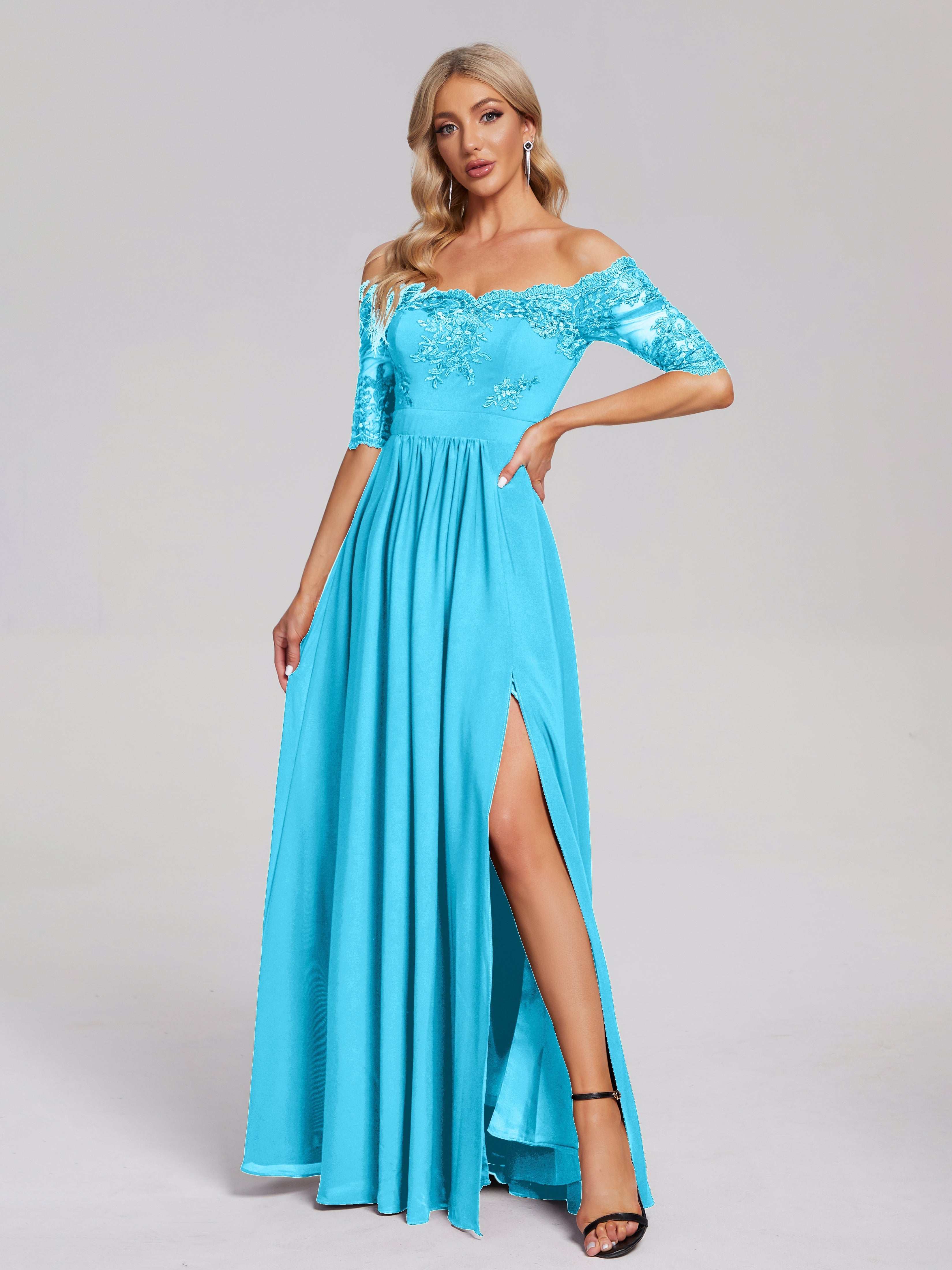 Robe De Demoiselle D'Honneur En Piscine Hors-La-Épaule Demi Manches Dentelle/Mousseline