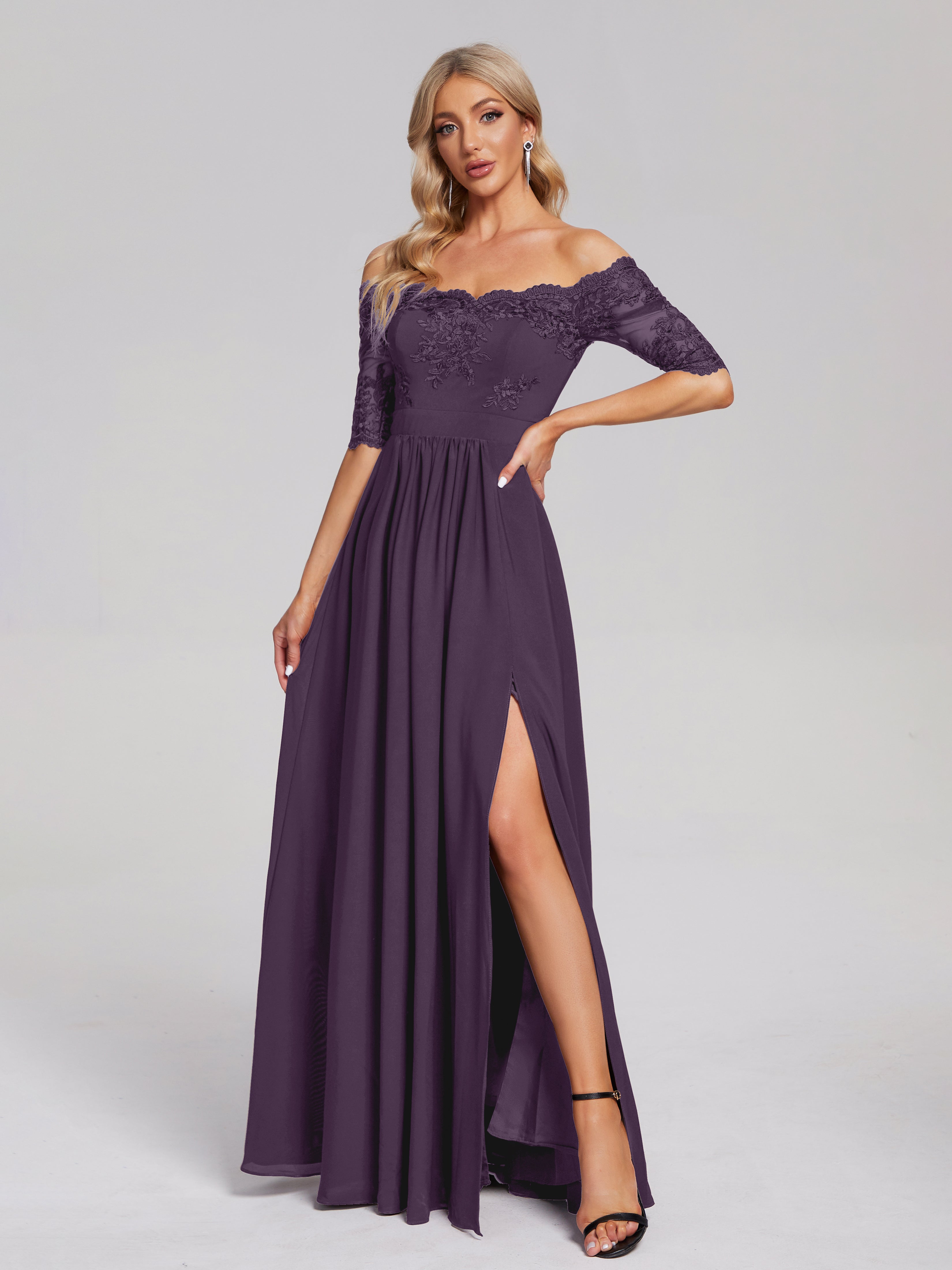 Robe De Demoiselle D'Honneur En Plum Hors-La-Épaule Demi Manches Dentelle/Mousseline