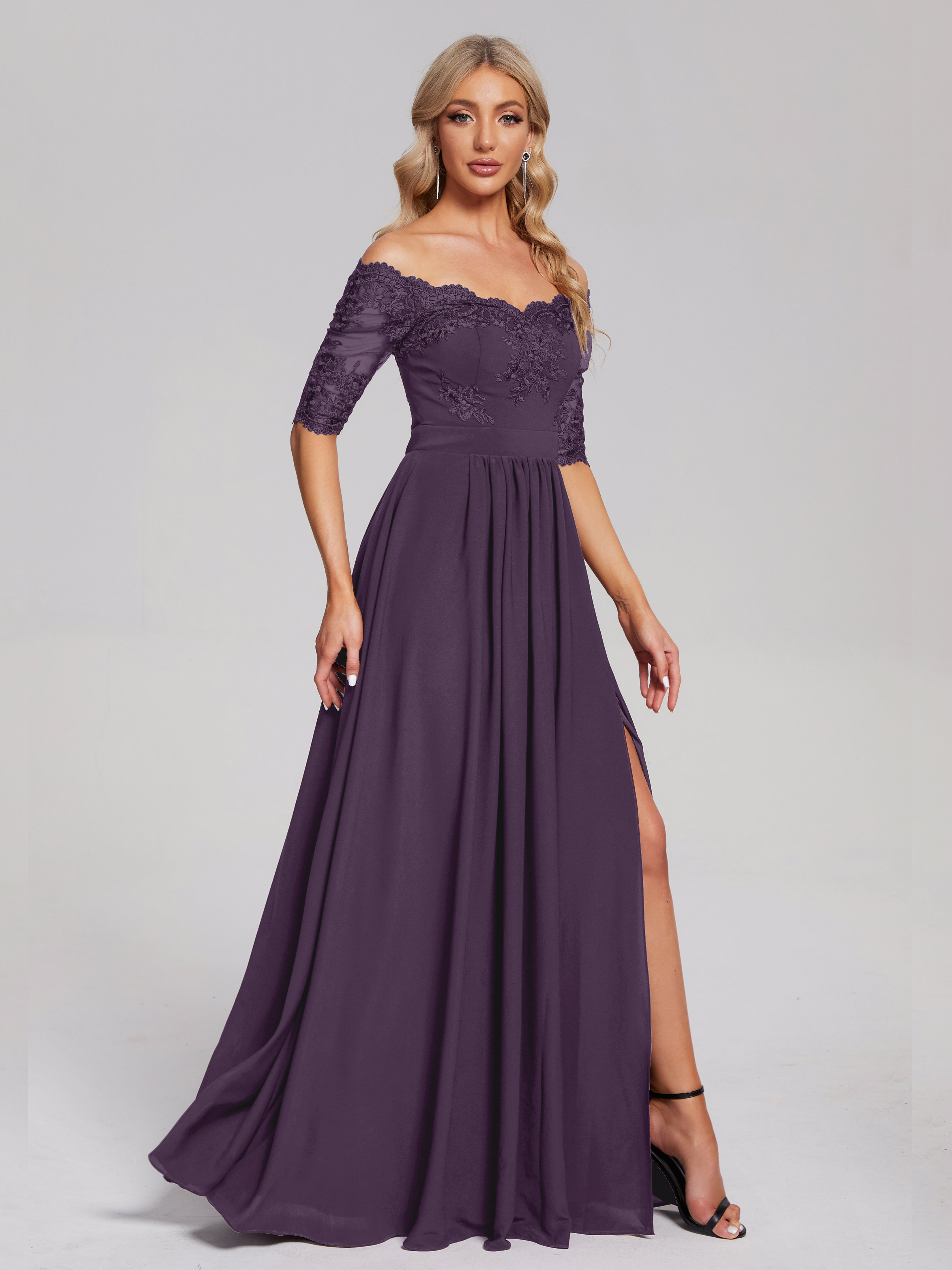 Robe De Demoiselle D'Honneur En Plum Hors-La-Épaule Demi Manches Dentelle/Mousseline