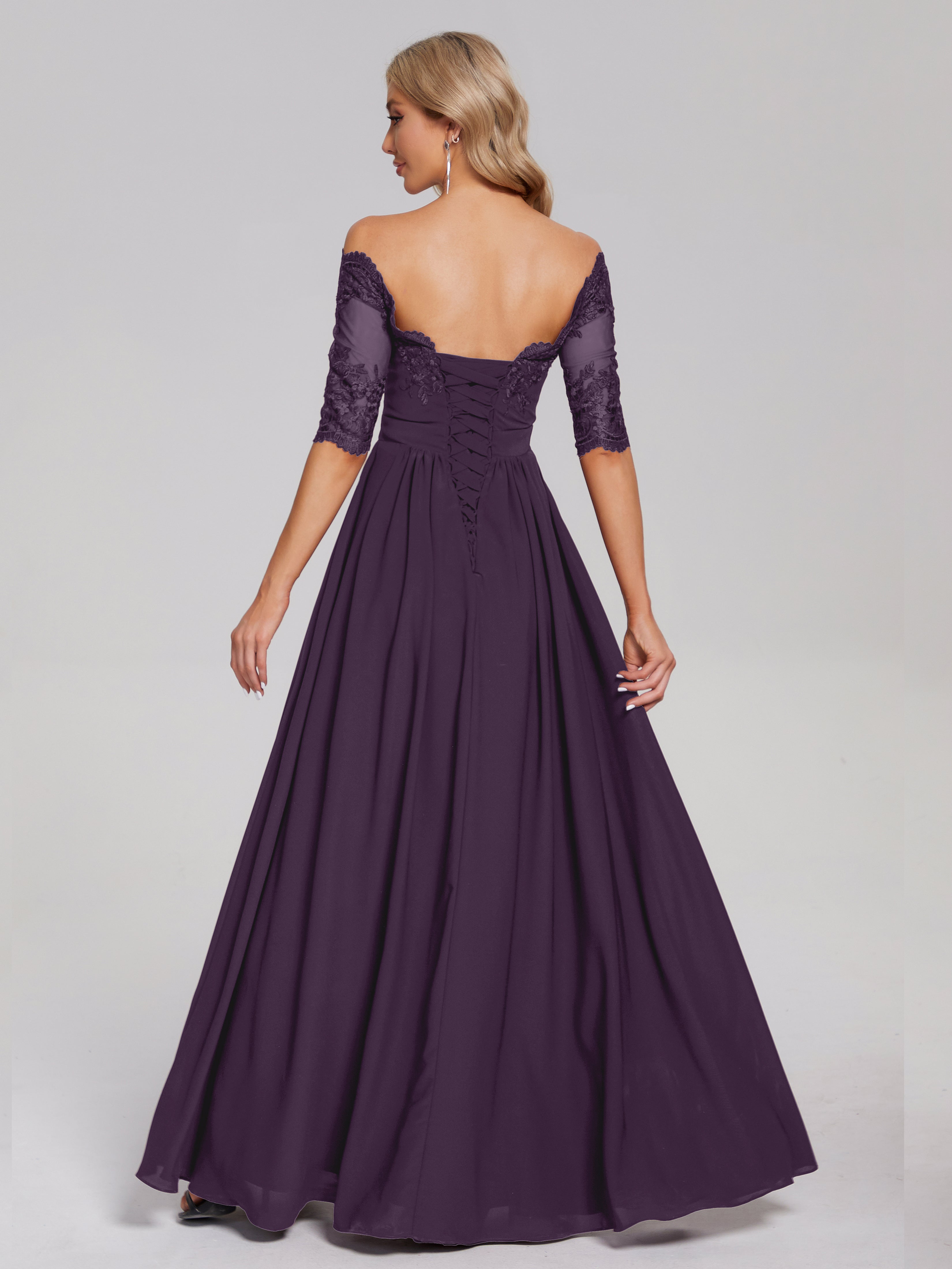 Robe De Demoiselle D'Honneur En Plum Hors-La-Épaule Demi Manches Dentelle/Mousseline