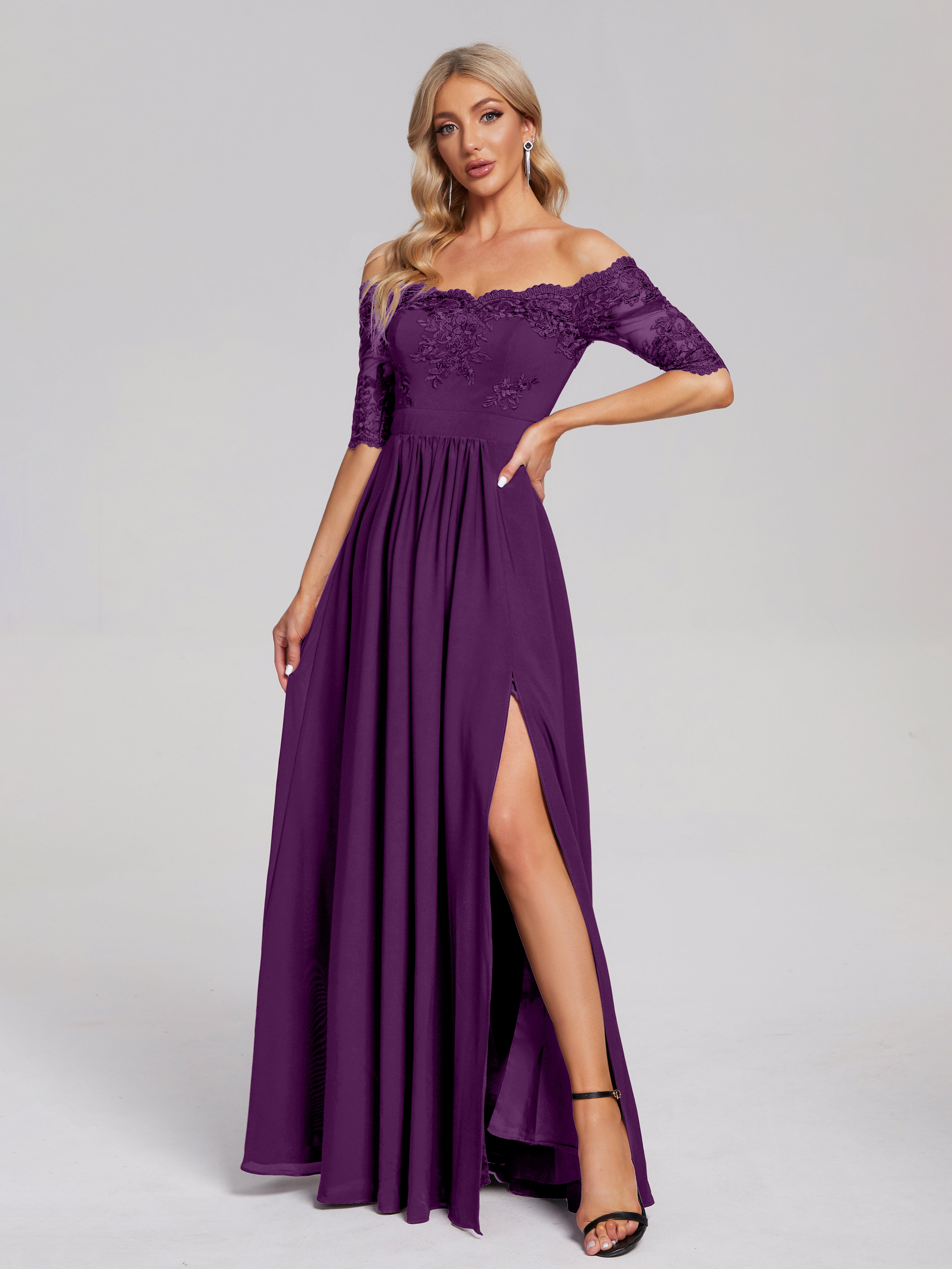 Robes De Demoiselle D'Honneur En Raisin Hors-La-Épaule Demi Manches Dentelle/Mousseline