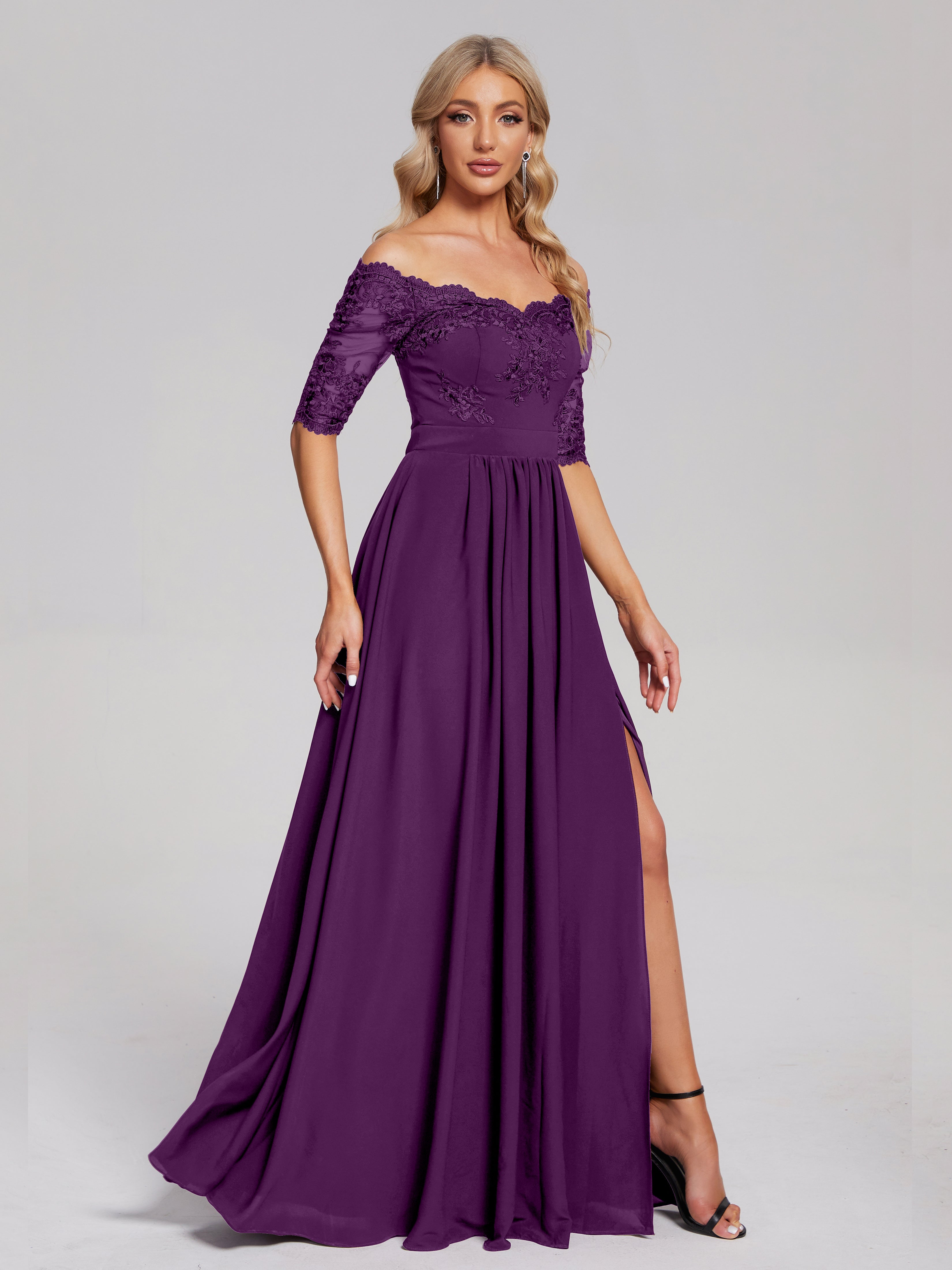 Robes De Demoiselle D'Honneur En Raisin Hors-La-Épaule Demi Manches Dentelle/Mousseline