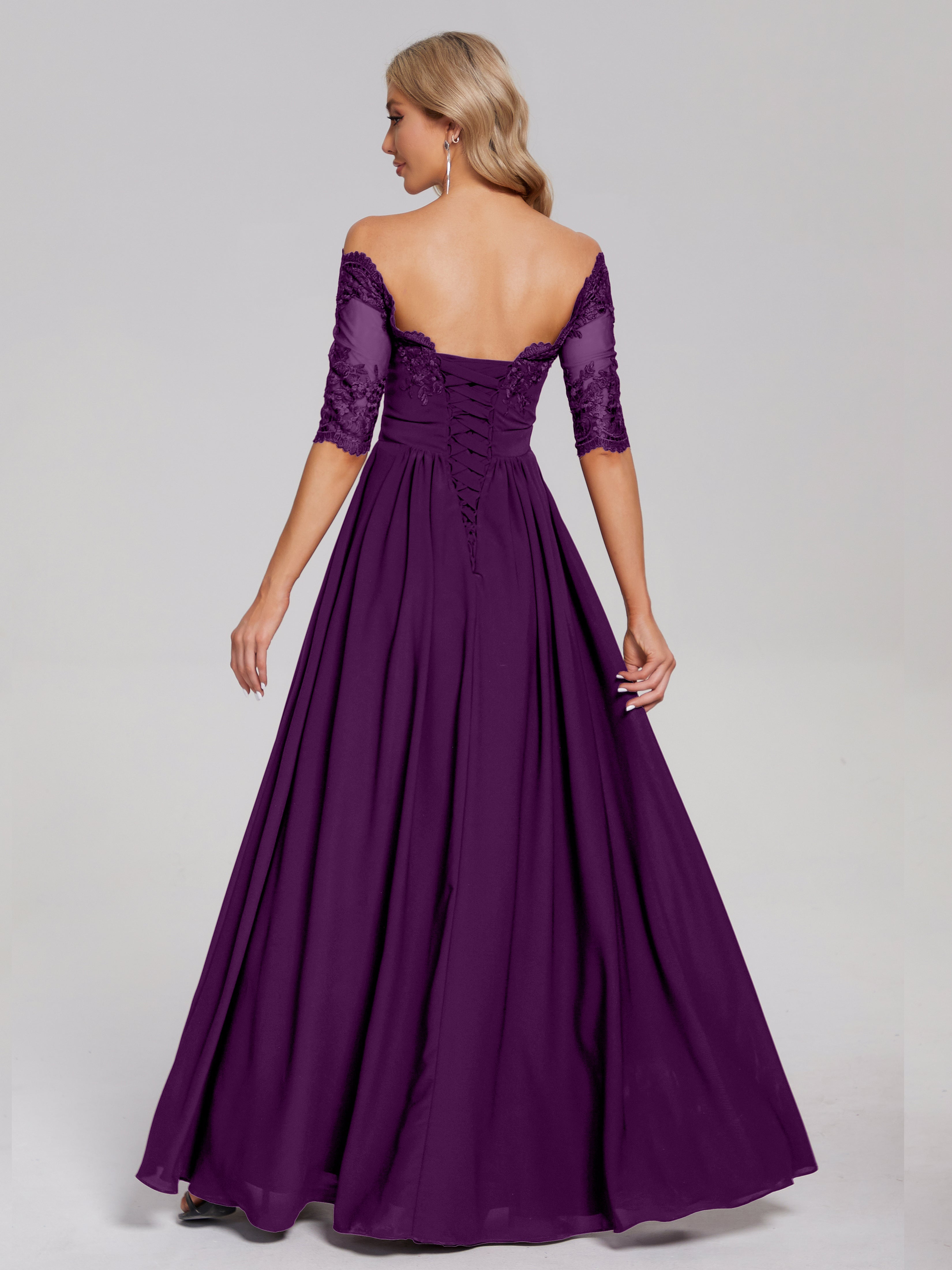 Robes De Demoiselle D'Honneur En Raisin Hors-La-Épaule Demi Manches Dentelle/Mousseline